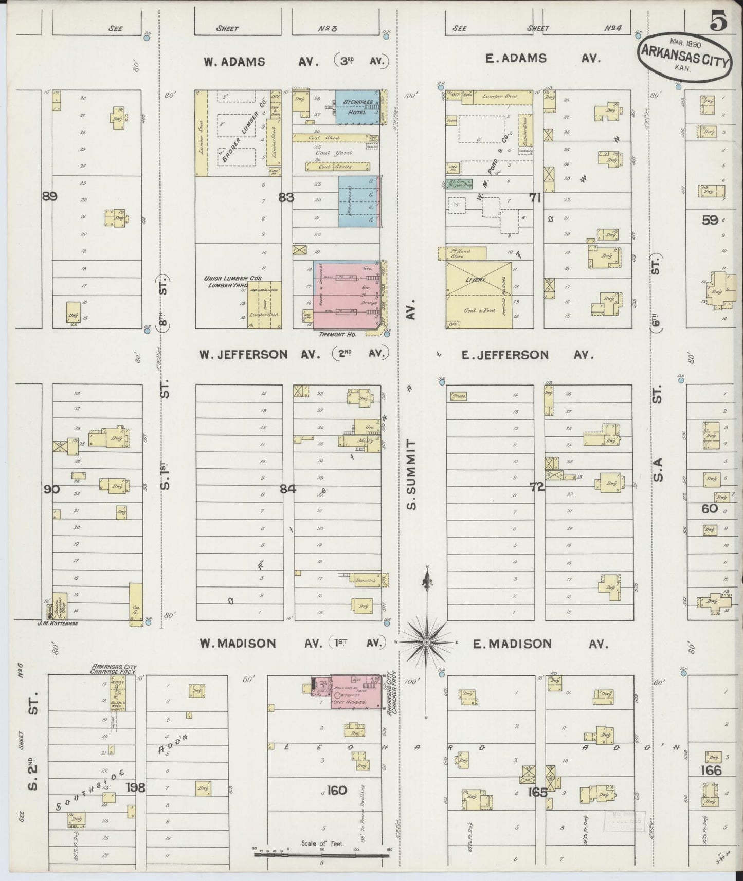 Sanborn Fire Insurance Map from Arkansas City, Cowley County, Kansas (1890), Sheet #0005 - Historic Sanborn Fire Insurance Map Print, vintage old map wall art, antique decor, genealogy gift, Arkansas Arkansas map