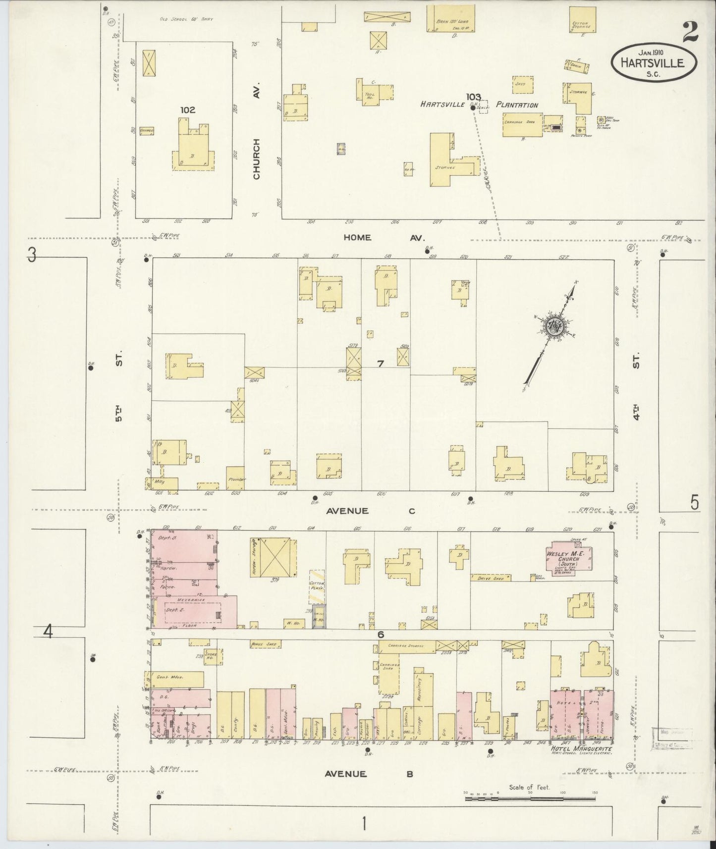 Sanborn Fire Insurance Map from Hartsville, Darlington County, South Carolina (1910), Sheet #0002 - Historic Sanborn Fire Insurance Map Print, vintage old map wall art, antique decor, genealogy gift, South Carolina South Carolina map