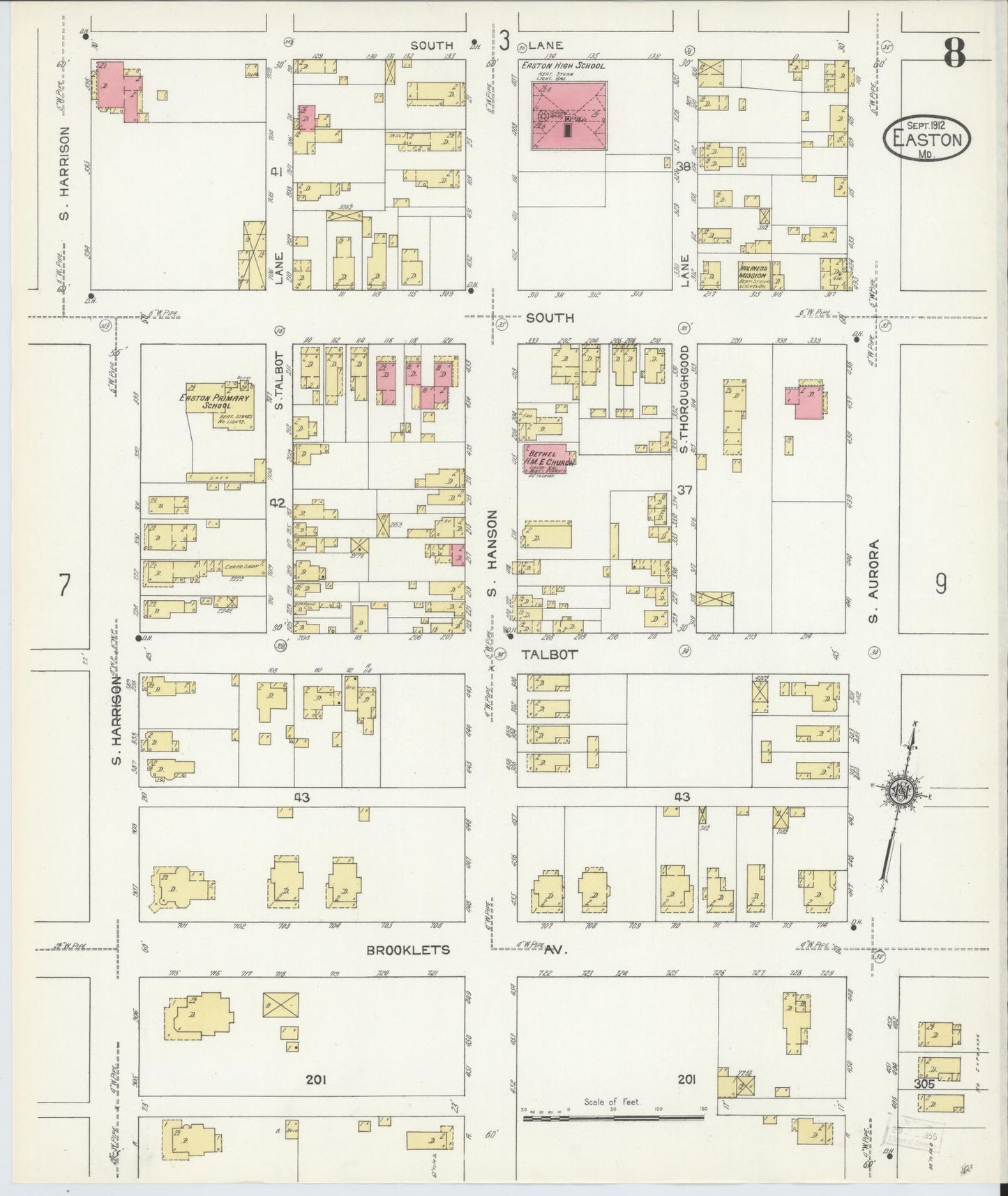 Sanborn Fire Insurance Map from Easton, Talbot County, Maryland (1912), Sheet #0008 - Historic Sanborn Fire Insurance Map Print, vintage old map wall art, antique decor, genealogy gift, Maryland Maryland map