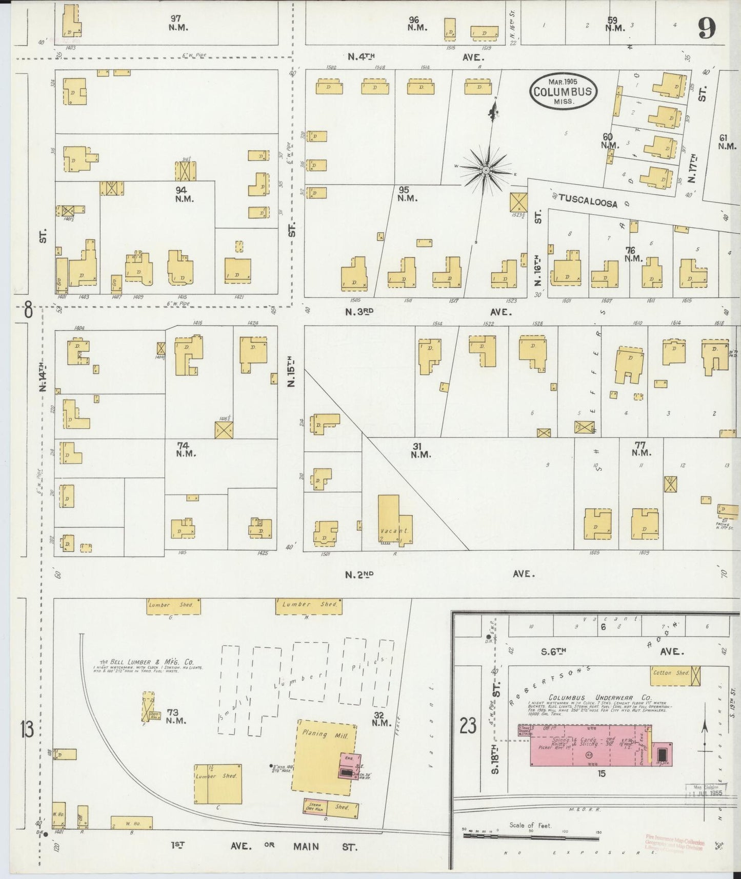 Sanborn Fire Insurance Map from Columbus, Lowndes County, Mississippi (1905), Sheet #0009 - Historic Sanborn Fire Insurance Map Print, vintage old map wall art, antique decor, genealogy gift, Mississippi Mississippi map