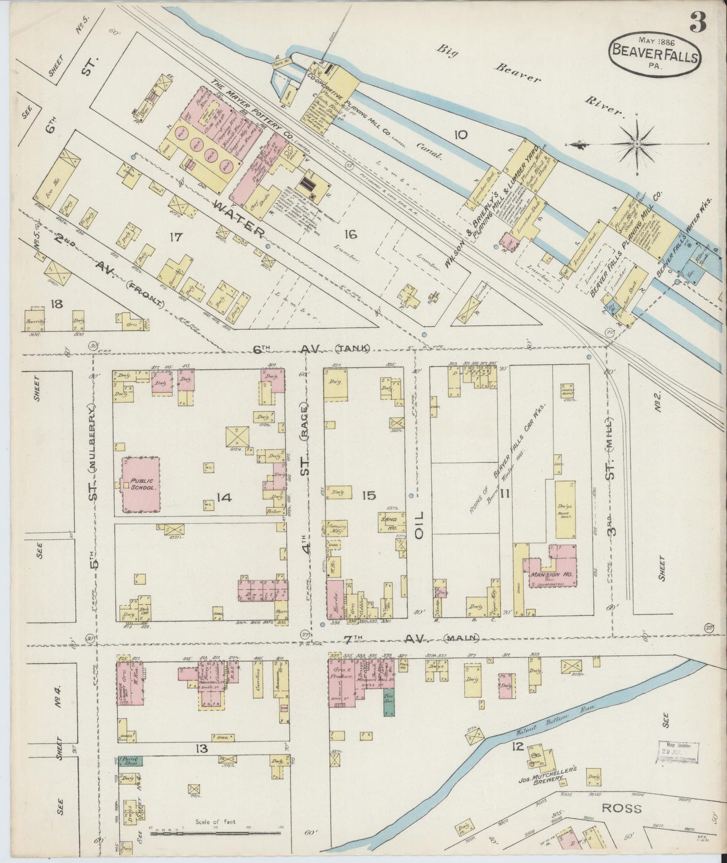 Sanborn Fire Insurance Map from Beaver Falls, Beaver County, Pennsylvania (1886), Sheet #0003 - Historic Sanborn Fire Insurance Map Print, vintage old map wall art, antique decor, genealogy gift, Pennsylvania Pennsylvania map