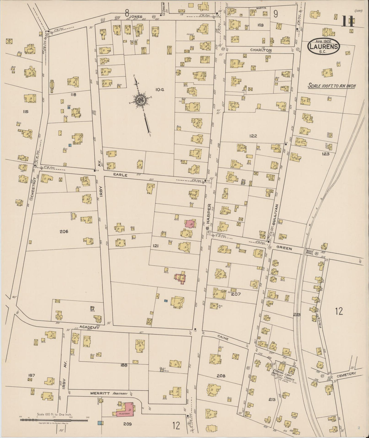 Sanborn Fire Insurance Map from Laurens, Laurens County, South Carolina (1922), Sheet #0011 - Historic Sanborn Fire Insurance Map Print, vintage old map wall art, antique decor, genealogy gift, South Carolina South Carolina map