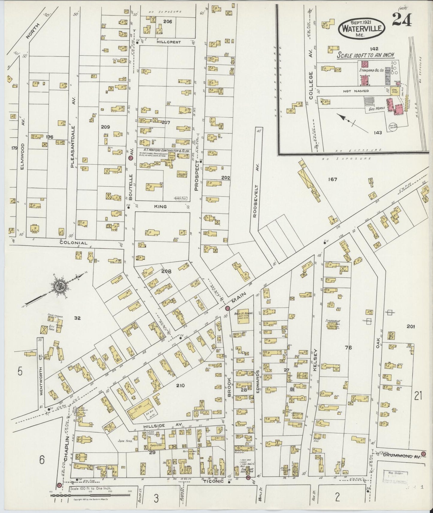 Sanborn Fire Insurance Map from Waterville, Kennebec County, Maine (1921), Sheet #0024 - Historic Sanborn Fire Insurance Map Print, vintage old map wall art, antique decor, genealogy gift, Maine Maine map