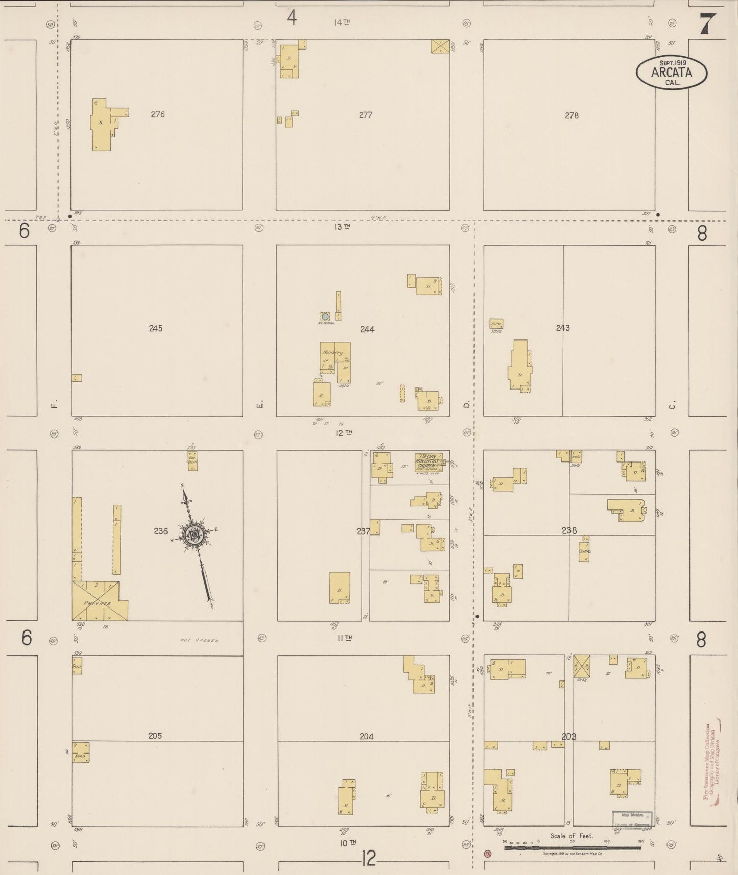 Sanborn Fire Insurance Map from Arcata, Humboldt County, California (1919), Sheet #0007 - Historic Sanborn Fire Insurance Map Print, vintage old map wall art, antique decor, genealogy gift, California California map