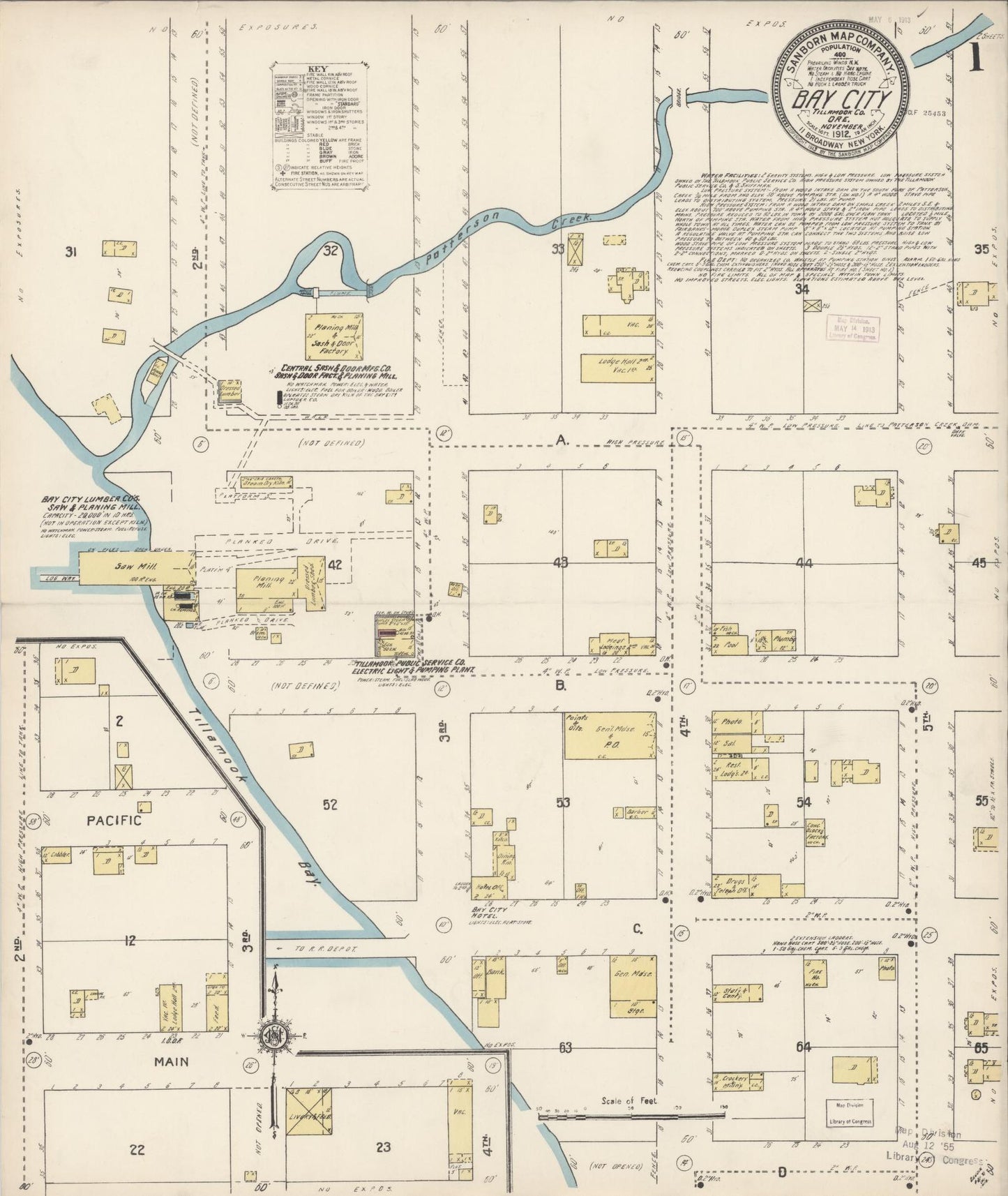 Sanborn Fire Insurance Map from Bay City, Tillamook County, Oregon (1912), Sheet #0001 - Historic Sanborn Fire Insurance Map Print, vintage old map wall art, antique decor, genealogy gift, Oregon Oregon map