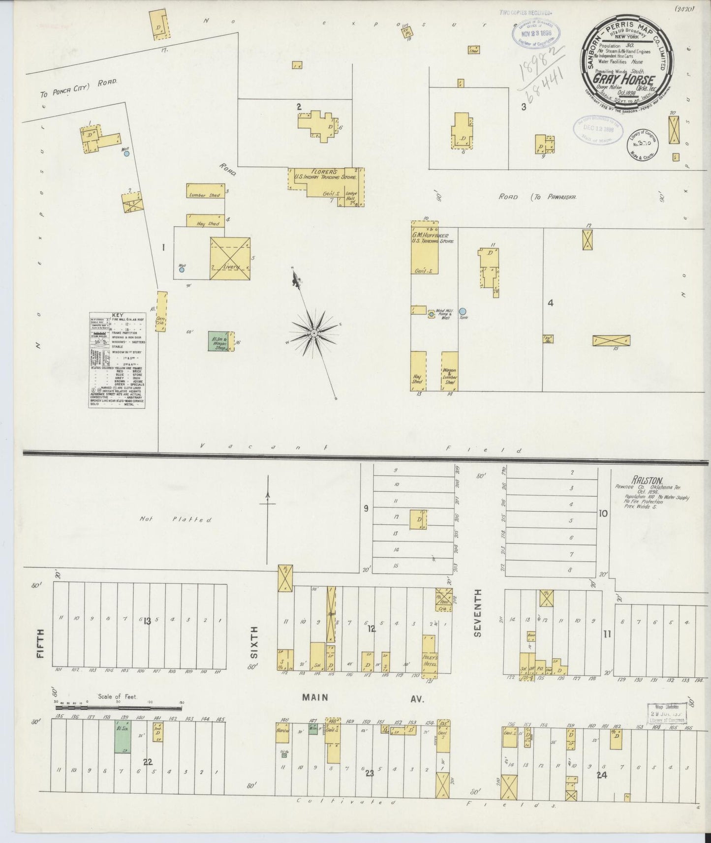 Sanborn Fire Insurance Map from Gray Horse, Osage County, Oklahoma (1898), Sheet #0001 - Historic Sanborn Fire Insurance Map Print, vintage old map wall art, antique decor, genealogy gift, Oklahoma Oklahoma map