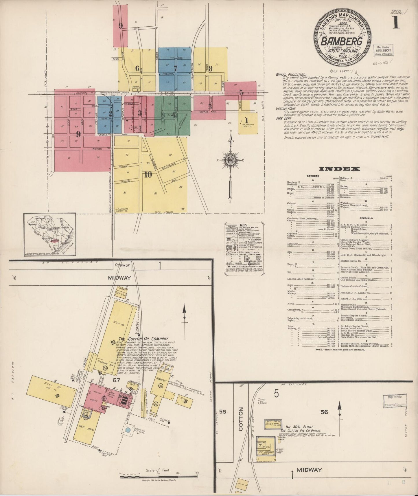 Sanborn Fire Insurance Map from Bamberg, Bamberg County, South Carolina (1922), Sheet #0001 - Historic Sanborn Fire Insurance Map Print, vintage old map wall art, antique decor, genealogy gift, South Carolina South Carolina map