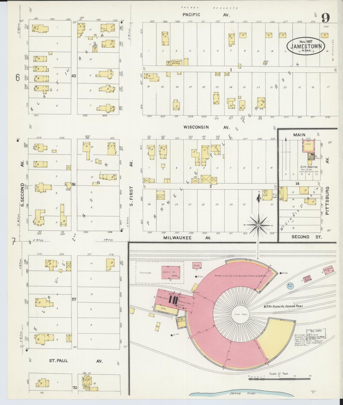 Sanborn Fire Insurance Map from Jamestown, Stutsman County, North Dakota (1907), Sheet #0009 - Historic Sanborn Fire Insurance Map Print, vintage old map wall art, antique decor, genealogy gift, North Dakota North Dakota map