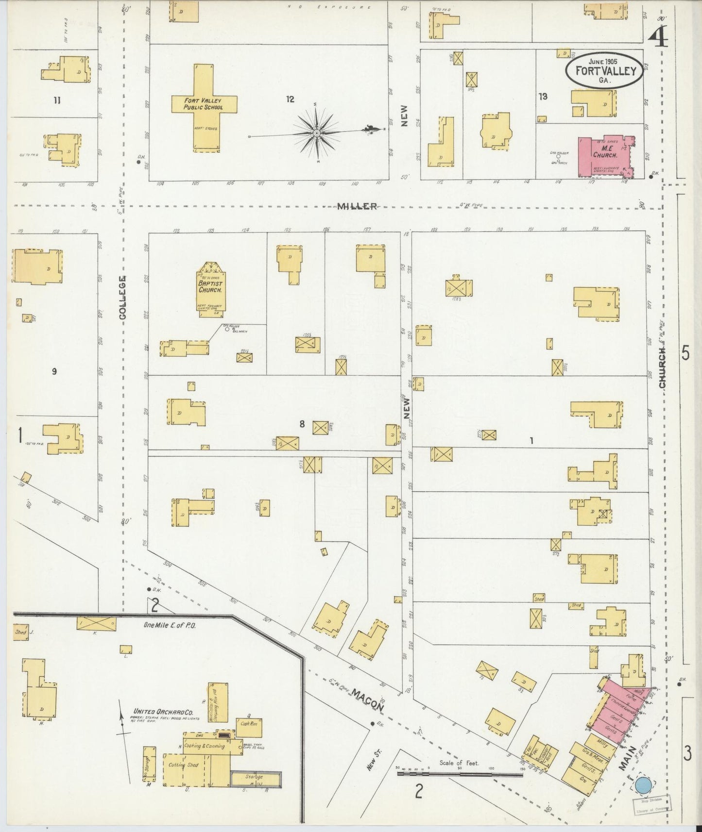 Sanborn Fire Insurance Map from Fort Valley, Peach County, Georgia (1905), Sheet #0004 - Historic Sanborn Fire Insurance Map Print, vintage old map wall art, antique decor, genealogy gift, Georgia Georgia map