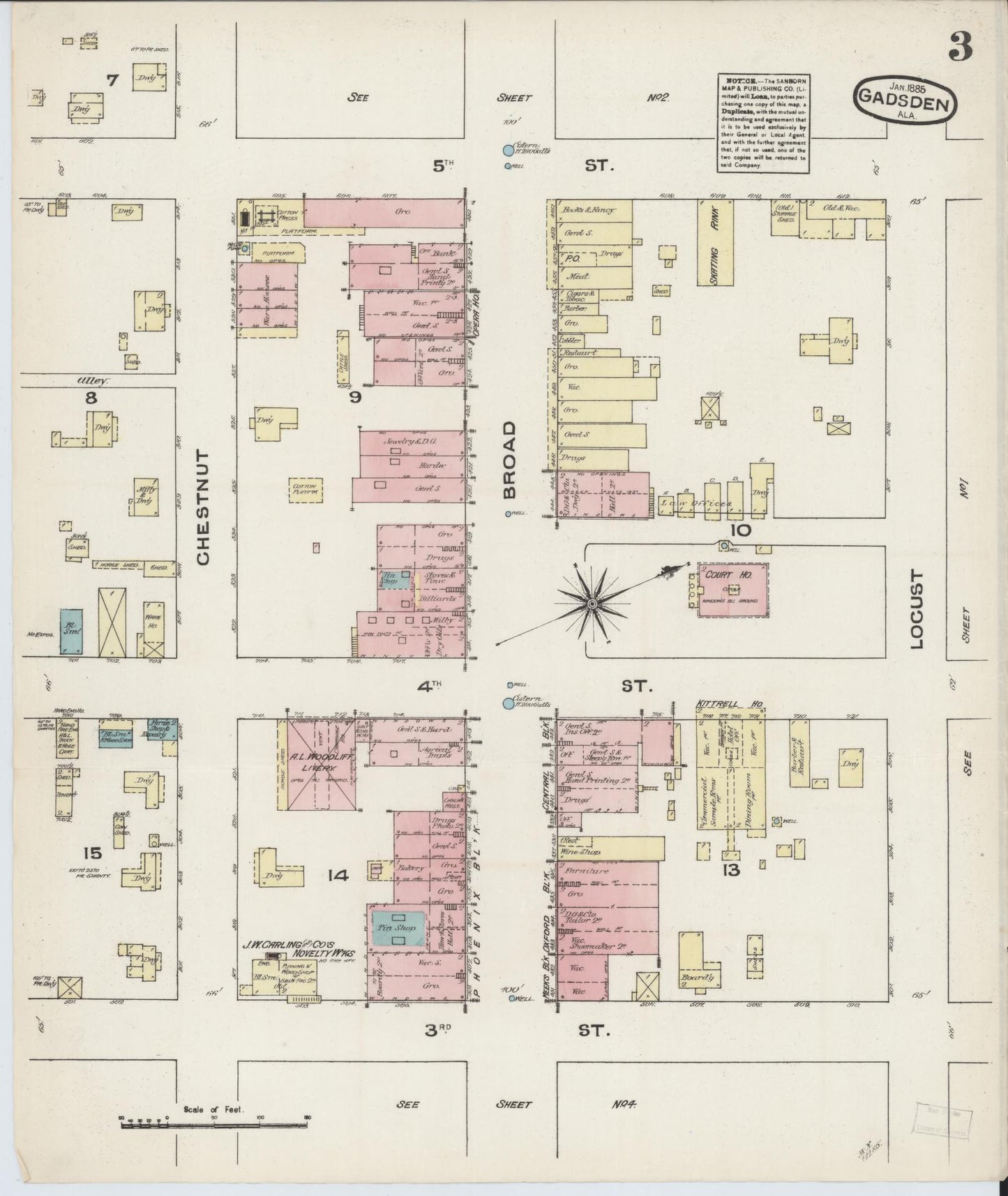 Sanborn Fire Insurance Map from Gadsden, Etowah County, Alabama (1885), Sheet #0003 - Historic Sanborn Fire Insurance Map Print, vintage old map wall art, antique decor, genealogy gift, Alabama Alabama map