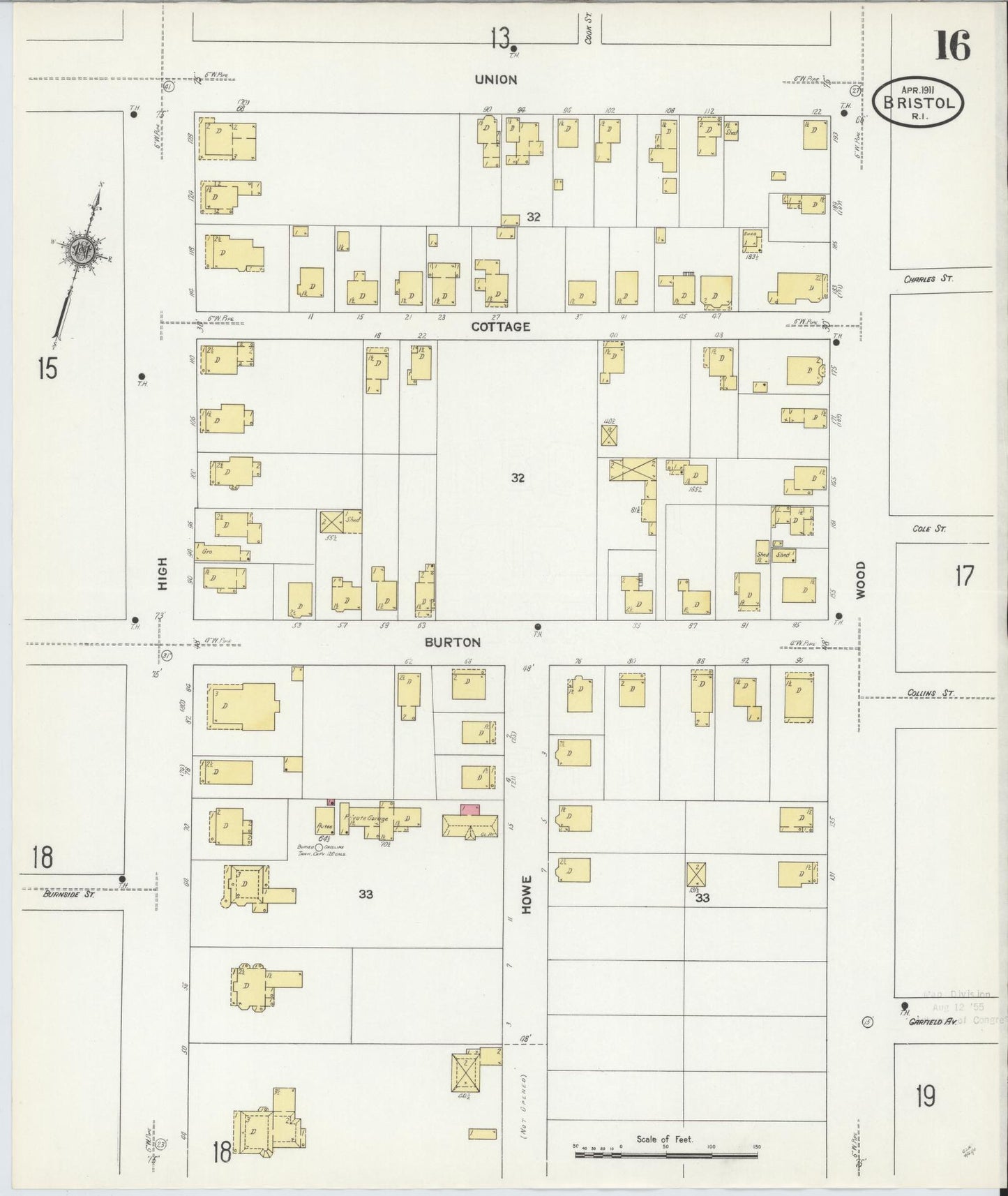 Sanborn Fire Insurance Map from Bristol, Bristol County, Rhode Island (1911), Sheet #0016 - Historic Sanborn Fire Insurance Map Print, vintage old map wall art, antique decor, genealogy gift, Rhode Island Rhode Island map