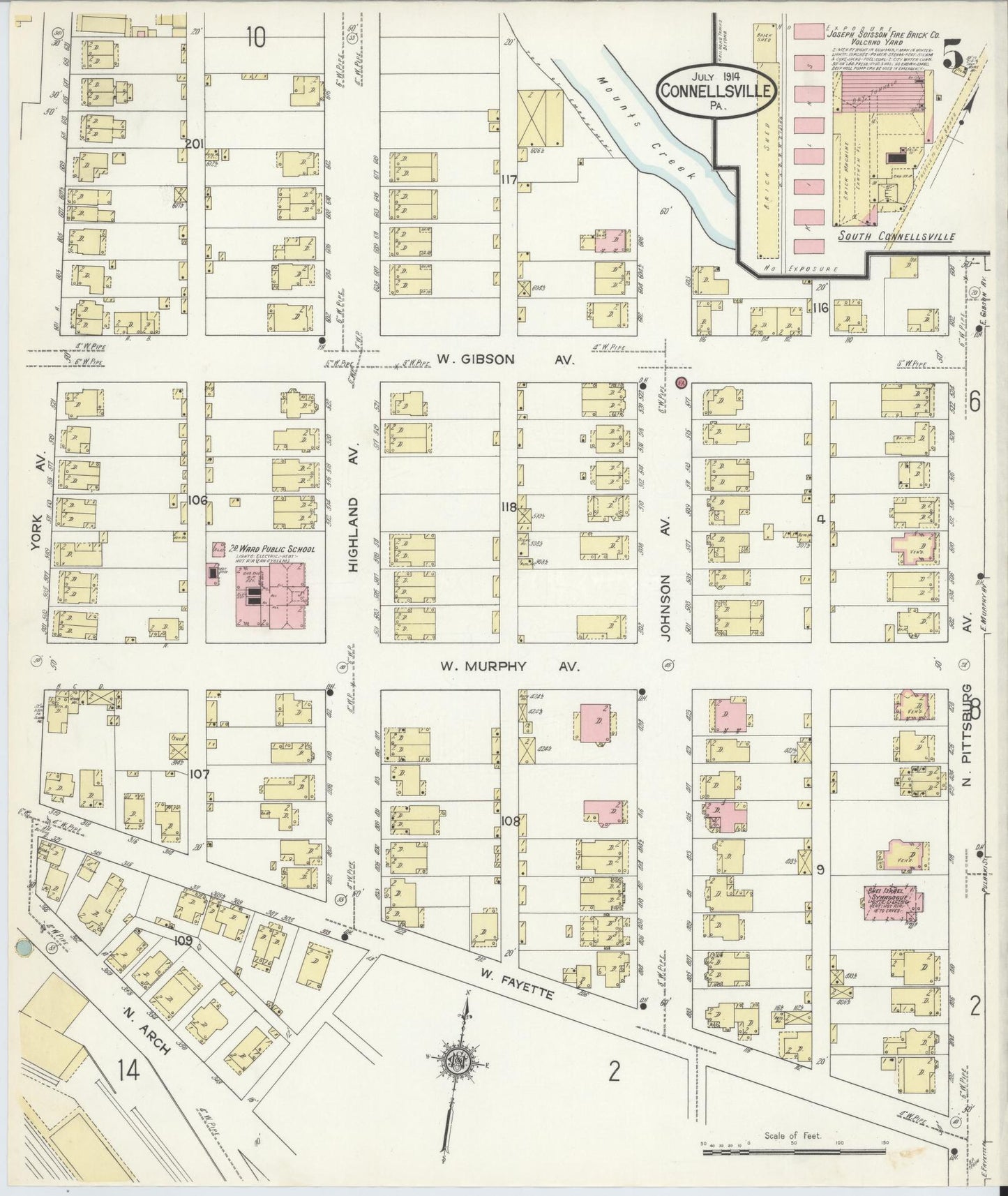 Sanborn Fire Insurance Map from Connellsville, Fayette County, Pennsylvania (1914), Sheet #0005 - Historic Sanborn Fire Insurance Map Print, vintage old map wall art, antique decor, genealogy gift, Pennsylvania Pennsylvania map