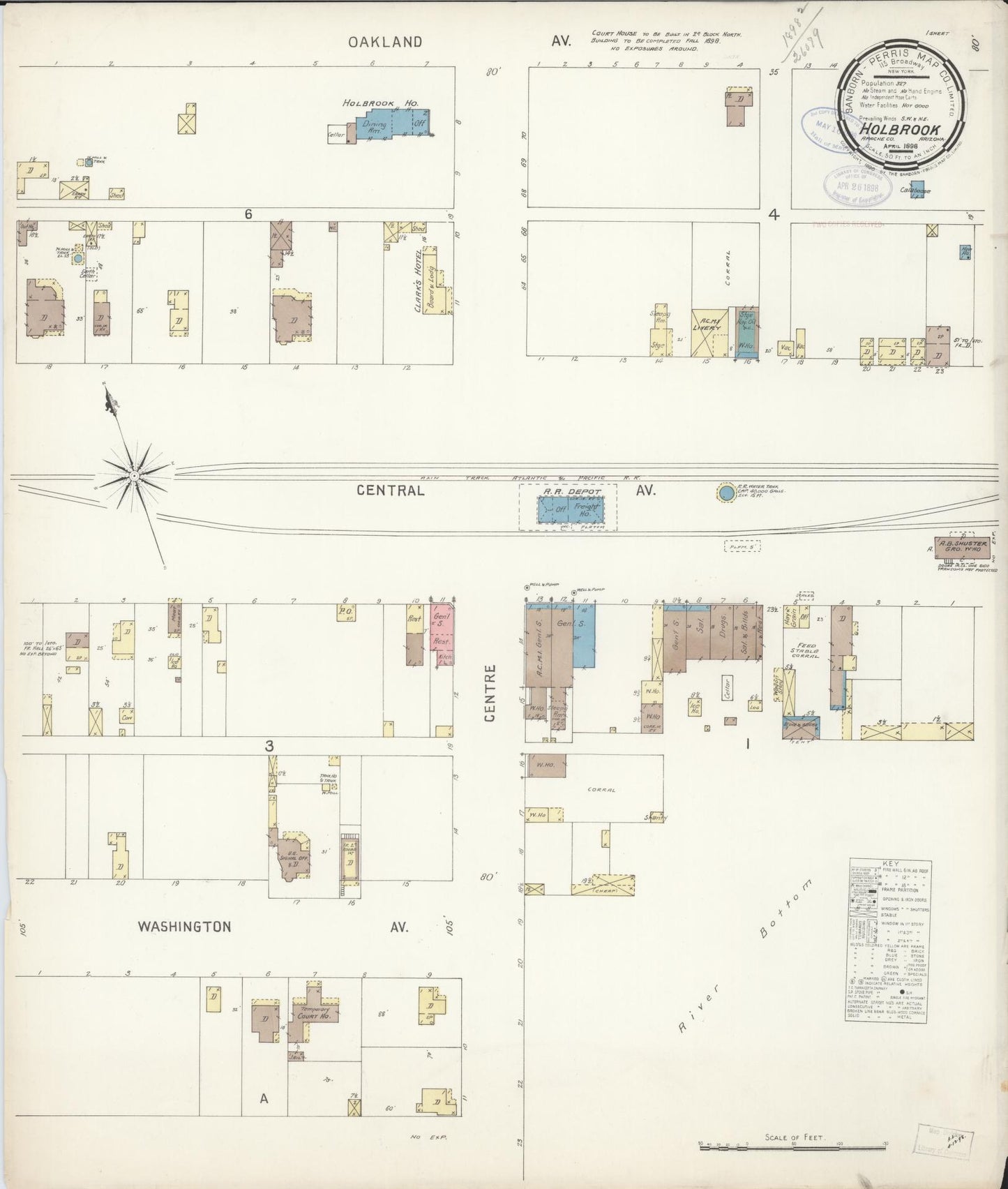 Sanborn Fire Insurance Map from Holbrook, Navajo County, Arizona (1898), Sheet #0001 - Historic Sanborn Fire Insurance Map Print, vintage old map wall art, antique decor, genealogy gift, Arizona Arizona map