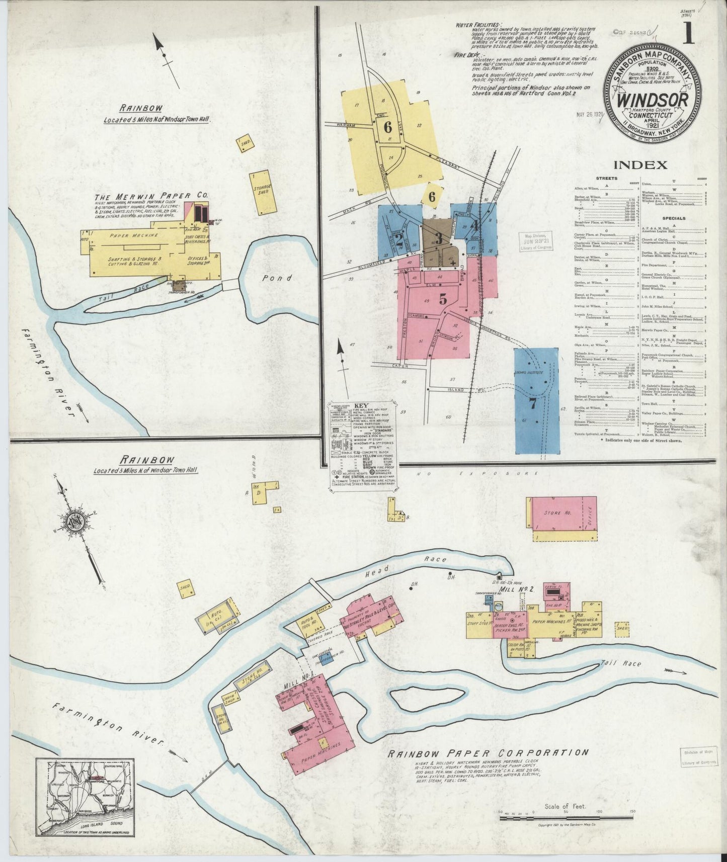 Sanborn Fire Insurance Map from Windsor, Hartford County, Connecticut (1921), Sheet #0001 - Historic Sanborn Fire Insurance Map Print, vintage old map wall art, antique decor, genealogy gift, Connecticut Connecticut map