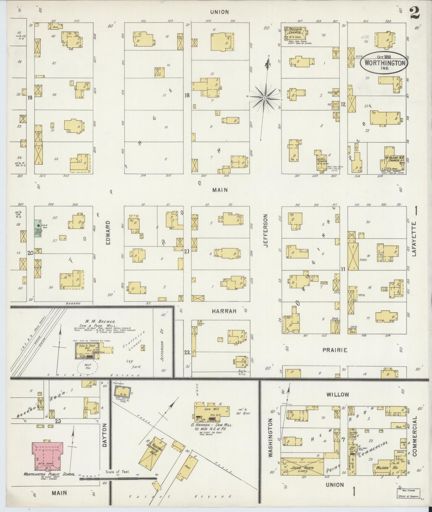 Sanborn Fire Insurance Map from Worthington, Greene County, Indiana (1898), Sheet #0002 - Complete Map Set gallery image, historic Sanborn map, vintage wall art, Indiana Indiana