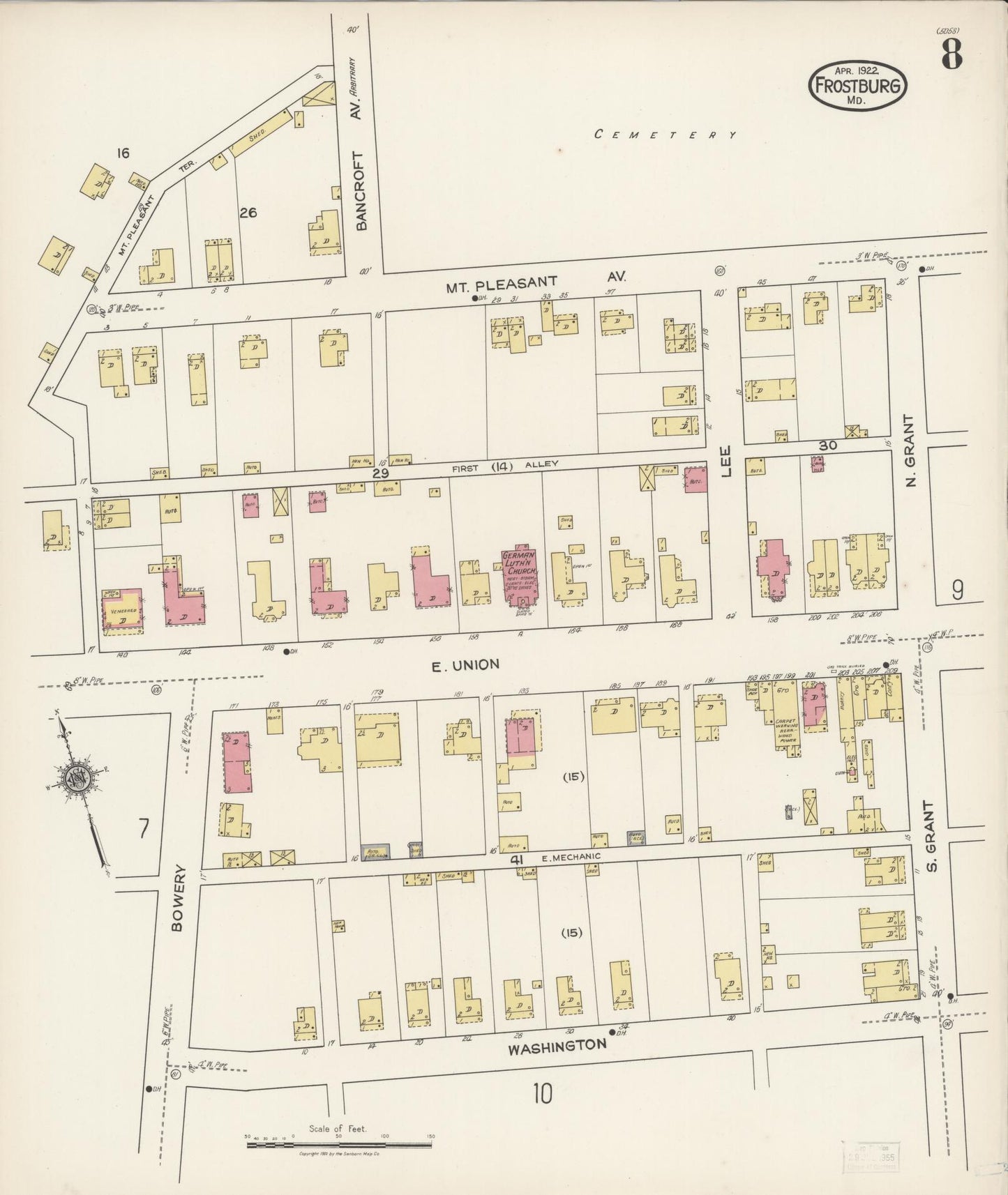 Sanborn Fire Insurance Map from Frostburg, Allegany County, Maryland (1922), Sheet #0008 - Historic Sanborn Fire Insurance Map Print, vintage old map wall art