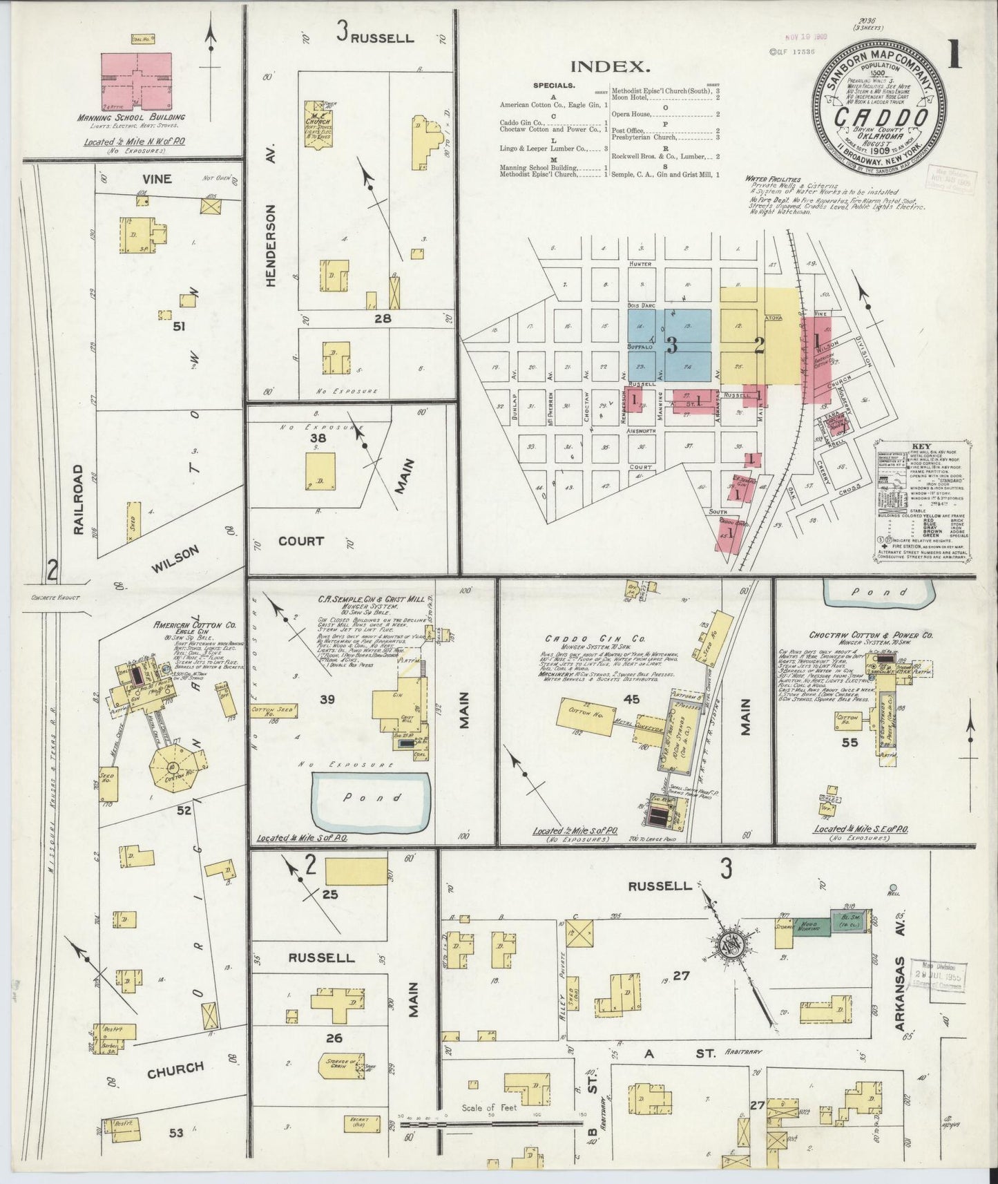Sanborn Fire Insurance Map from Caddo, Bryan County, Oklahoma (1909), Sheet #0001 - Historic Sanborn Fire Insurance Map Print, vintage old map wall art, antique decor, genealogy gift, Oklahoma Oklahoma map