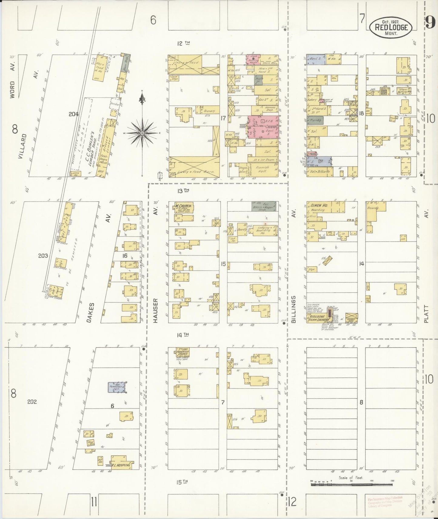 Sanborn Fire Insurance Map from Red Lodge, Carbon County, Montana (1907), Sheet #0009 - Historic Sanborn Fire Insurance Map Print, vintage old map wall art, antique decor, genealogy gift, Montana Montana map