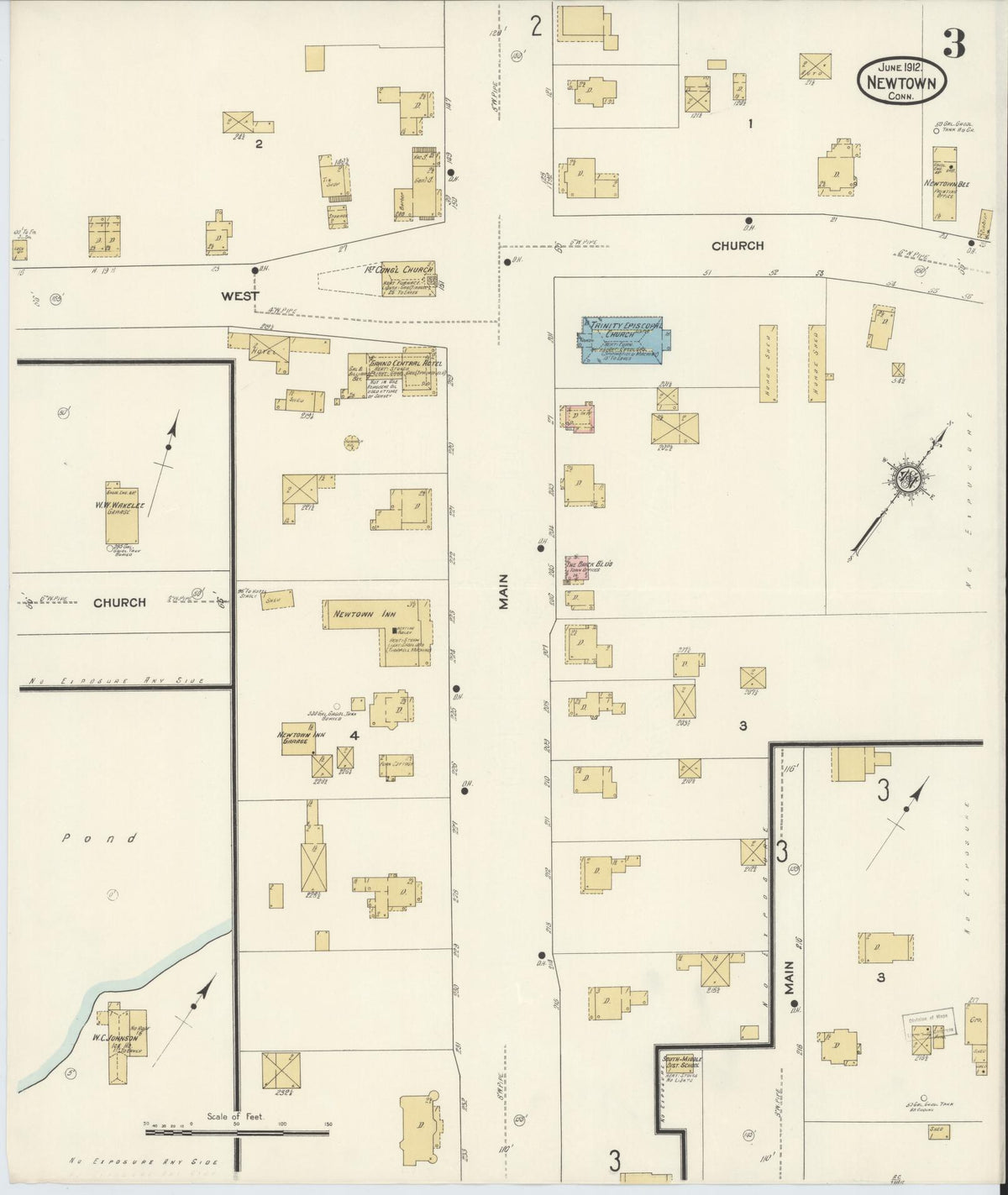 Sanborn Fire Insurance Map from Newtown, Fairfield County, Connecticut (1912), Sheet #0003 - Historic Sanborn Fire Insurance Map Print, vintage old map wall art, antique decor, genealogy gift, Connecticut Connecticut map
