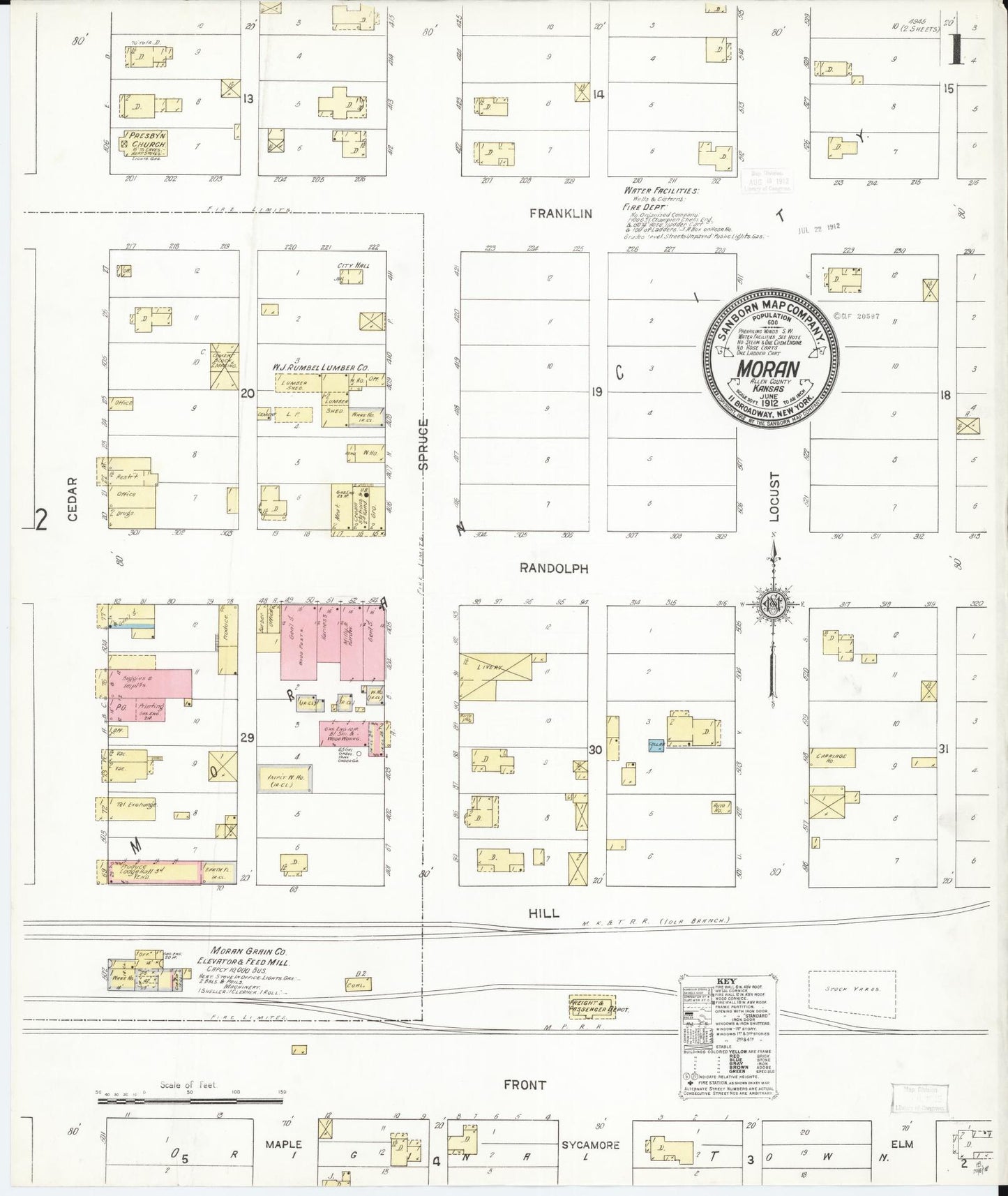 Sanborn Fire Insurance Map from Moran, Allen County, Kansas (1912), Sheet #0001 - Historic Sanborn Fire Insurance Map Print, vintage old map wall art, antique decor, genealogy gift, Kansas Kansas map