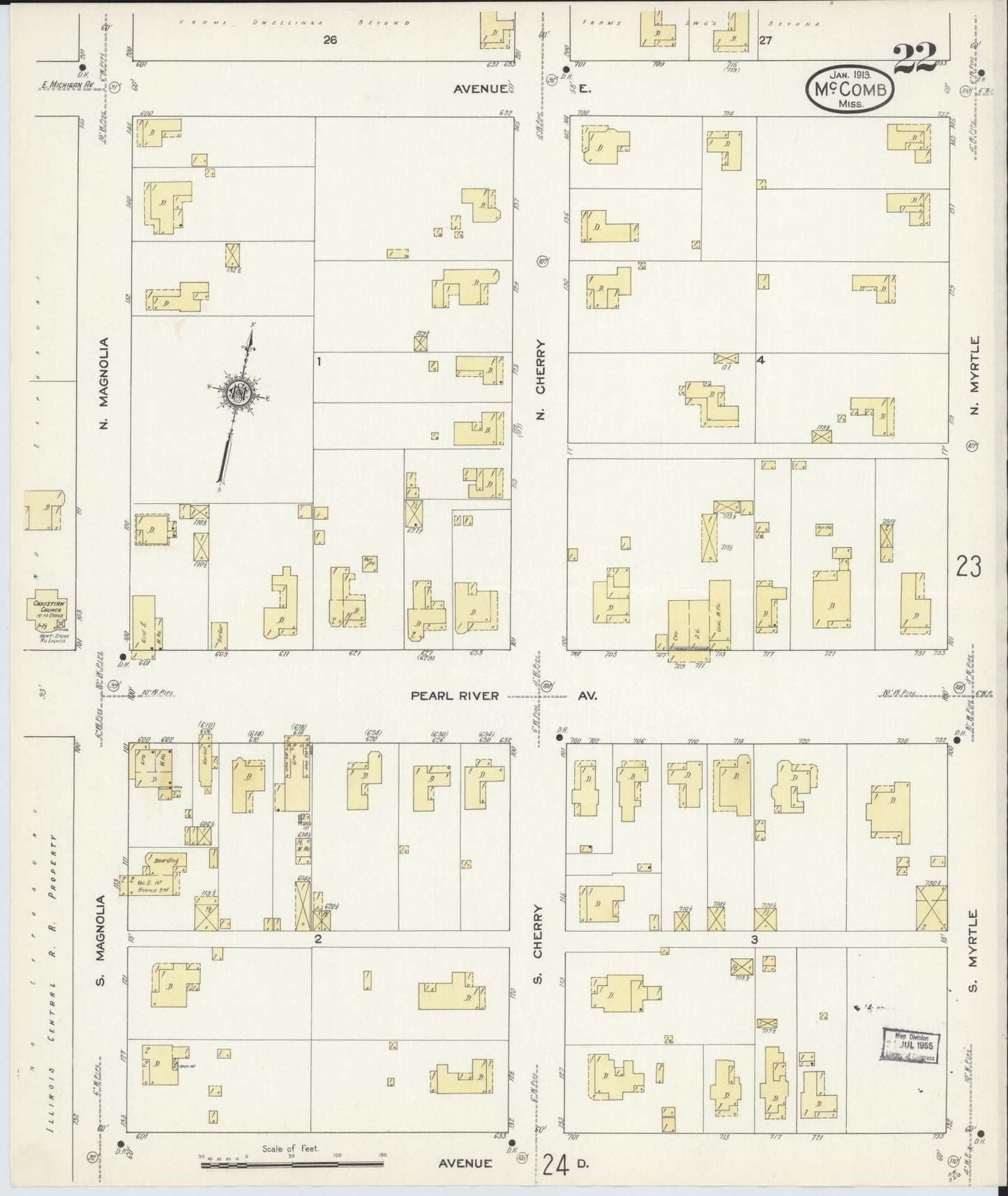 Sanborn Fire Insurance Map from McComb, Pike County, Mississippi (1913), Sheet #0022 - Historic Sanborn Fire Insurance Map Print, vintage old map wall art, antique decor, genealogy gift, Mississippi Mississippi map