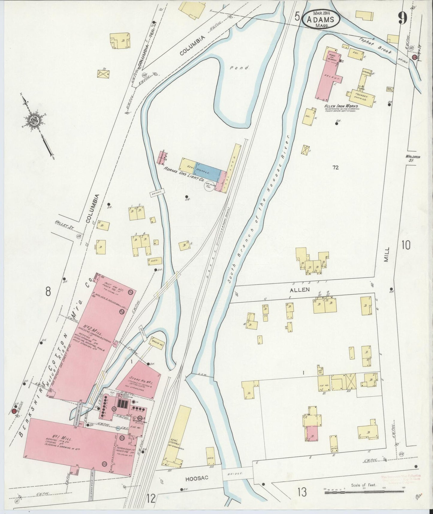 Sanborn Fire Insurance Map from Adams, Berkshire County, Massachusetts (1914), Sheet #0009 - Historic Sanborn Fire Insurance Map Print, vintage old map wall art, antique decor, genealogy gift, Massachusetts Massachusetts map