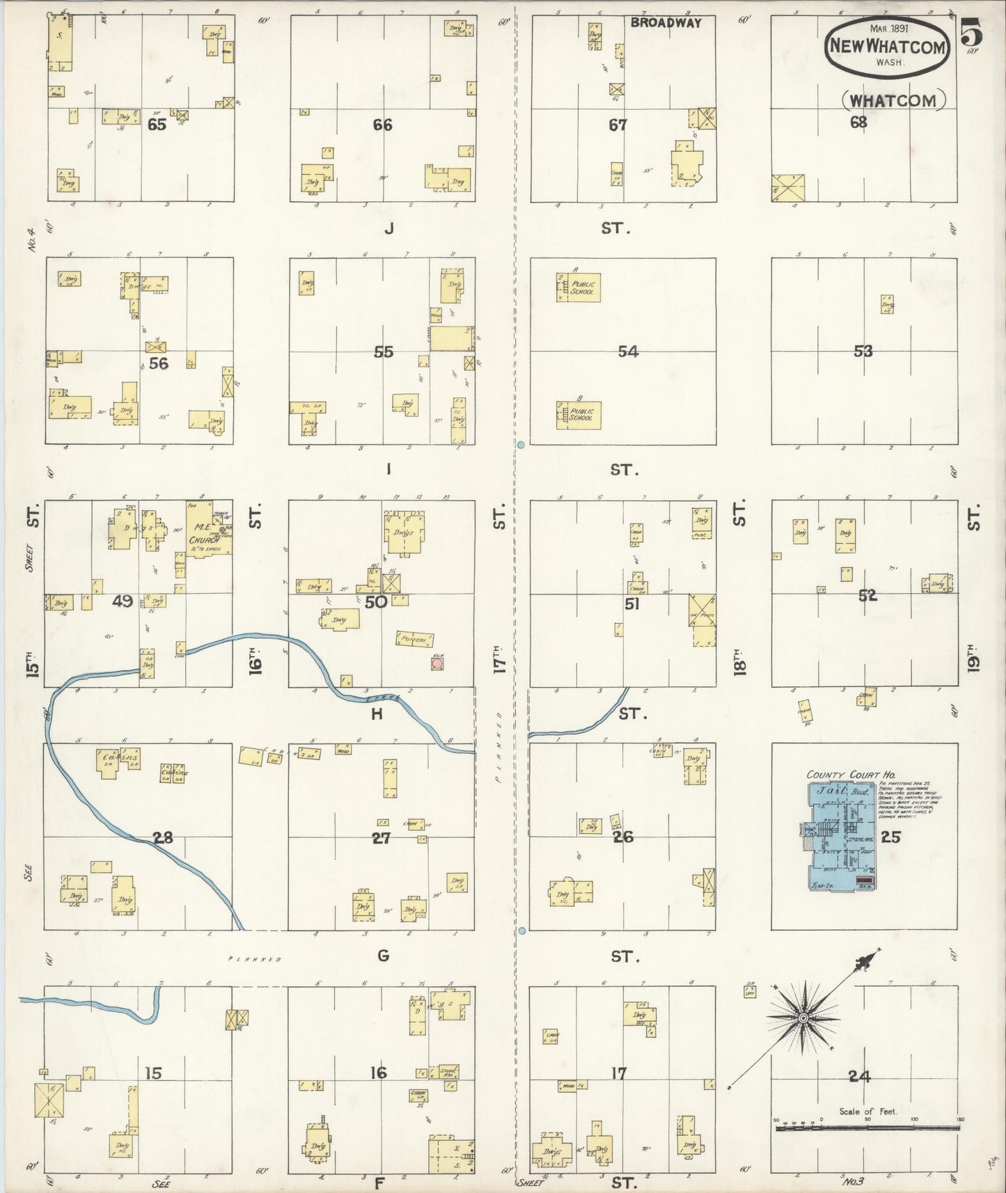 Sanborn Fire Insurance Map from New Whatcom, Whatcom County, Washington (1891), Sheet #0005 - Historic Sanborn Fire Insurance Map Print, vintage old map wall art, antique decor, genealogy gift, Washington Washington map