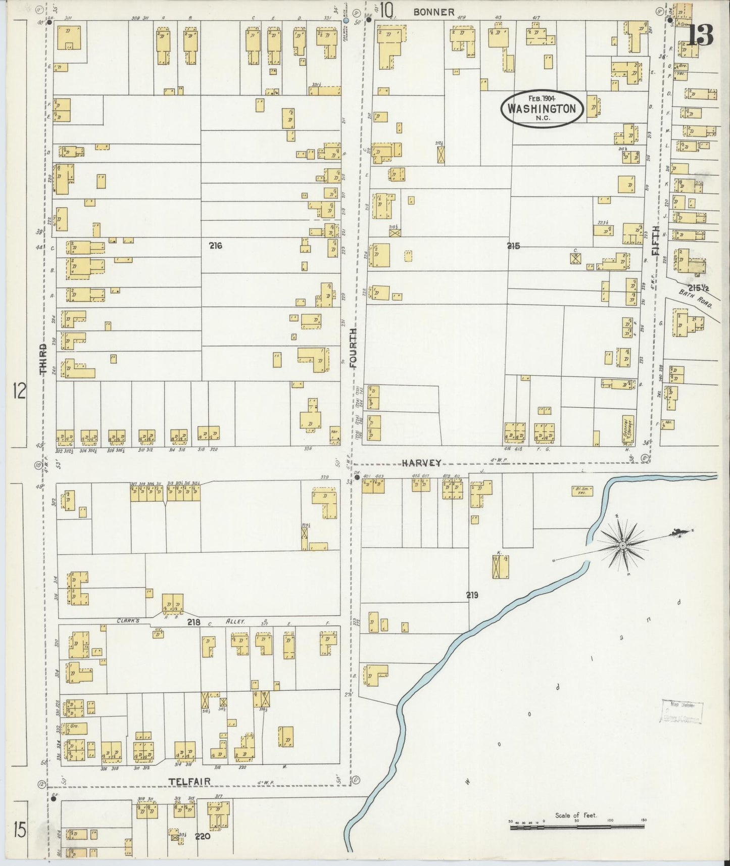 Sanborn Fire Insurance Map from Washington, Beaufort County, North Carolina (1904), Sheet #0013 - Historic Sanborn Fire Insurance Map Print, vintage old map wall art, antique decor, genealogy gift, Washington Washington map