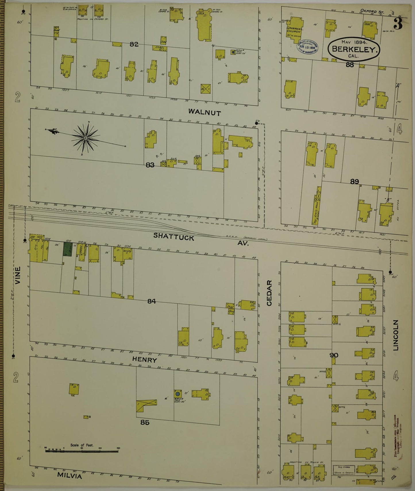 Sanborn Fire Insurance Map from Berkeley, Alameda County, California (1894), Sheet #0003 - Historic Sanborn Fire Insurance Map Print, vintage old map wall art, antique decor, genealogy gift, California California map