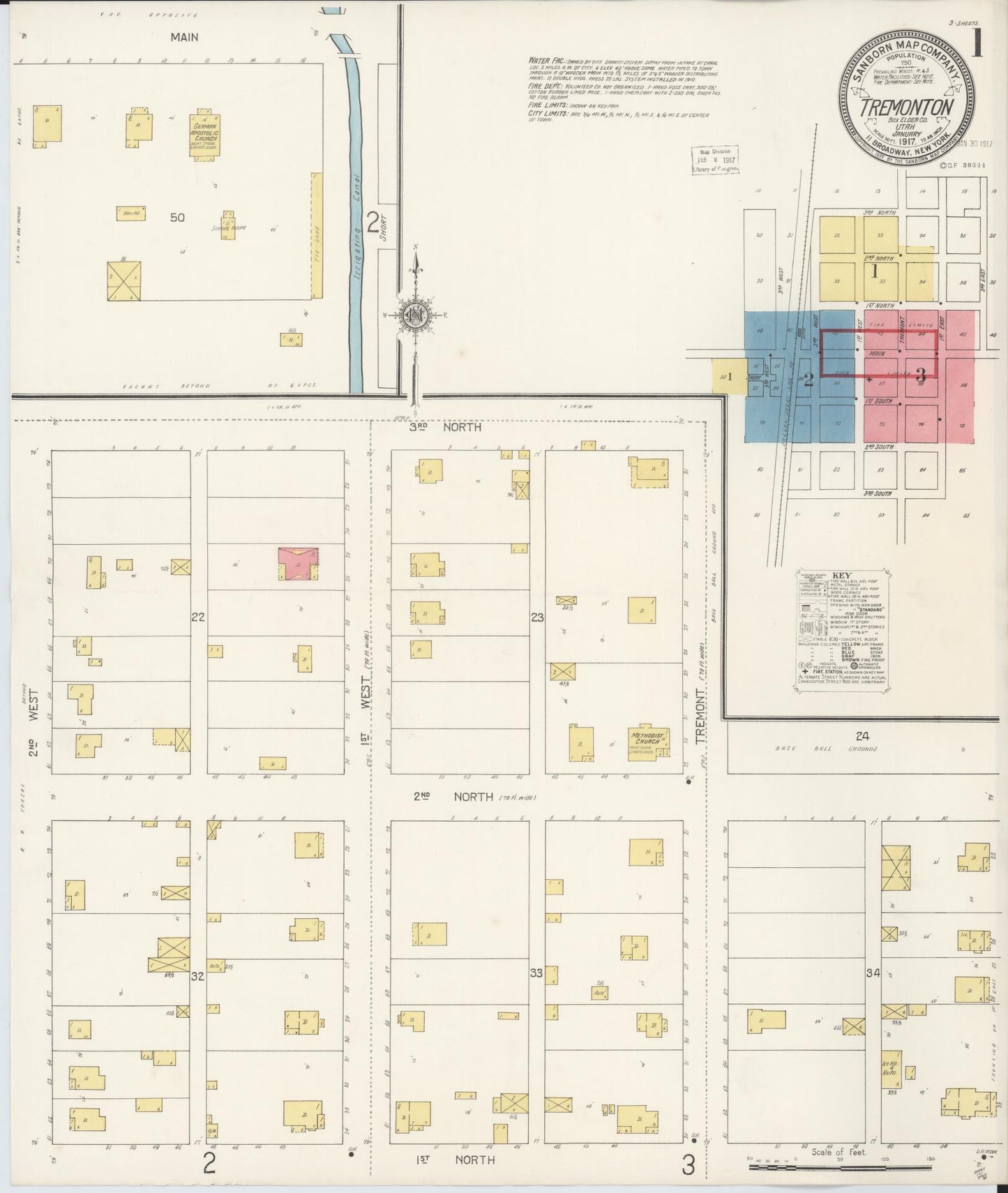 Sanborn Fire Insurance Map from Tremonton, Box Elder County, Utah (1917), Sheet #0001 - Historic Sanborn Fire Insurance Map Print, vintage old map wall art, antique decor, genealogy gift, Utah Utah map