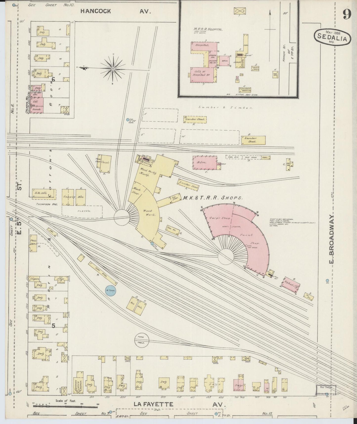 Sanborn Fire Insurance Map from Sedalia, Pettis County, Missouri (1888), Sheet #0009 - Historic Sanborn Fire Insurance Map Print, vintage old map wall art, antique decor, genealogy gift, Missouri Missouri map