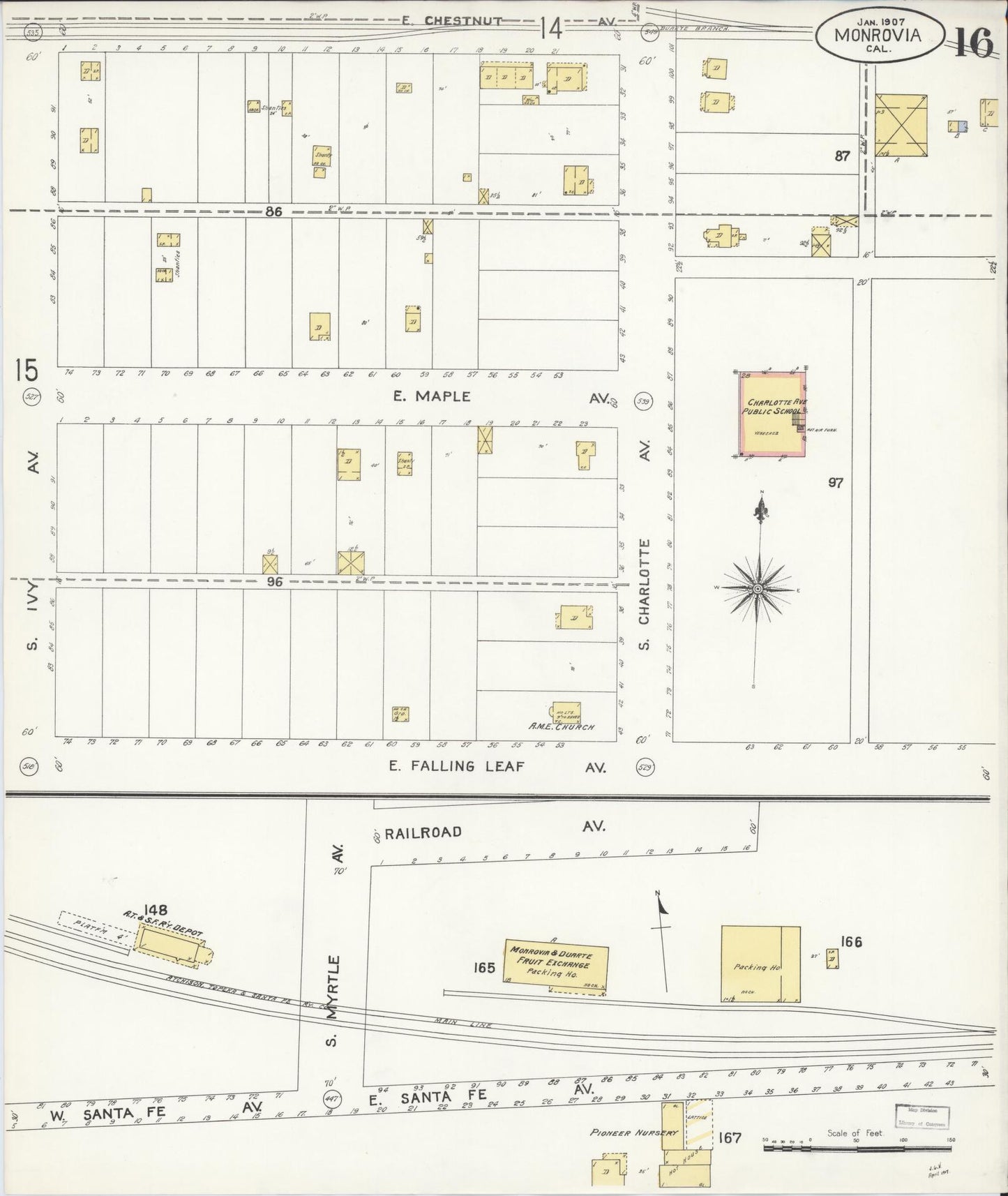 Sanborn Fire Insurance Map from Monrovia, Los Angeles County, California (1907), Sheet #0016 - Complete Map Set gallery image, historic Sanborn map, vintage wall art, California California