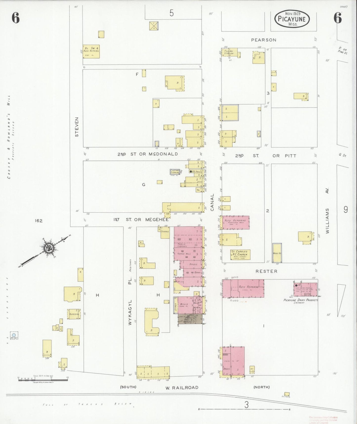 Sanborn Fire Insurance Map from Picayune, Pearl River County, Mississippi (1929), Sheet #0006 - Historic Sanborn Fire Insurance Map Print, vintage old map wall art, antique decor, genealogy gift, Mississippi Mississippi map