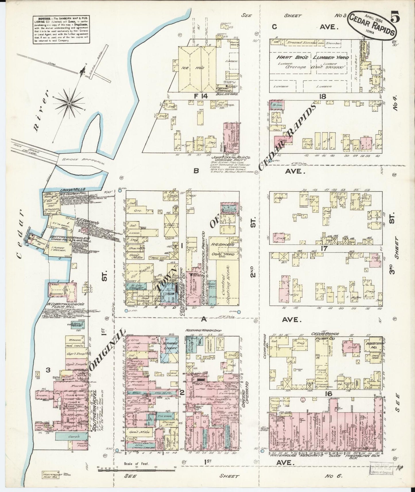 Sanborn Fire Insurance Map from Cedar Rapids, Linn County, Iowa (1884), Sheet #0005 - Historic Sanborn Fire Insurance Map Print, vintage old map wall art