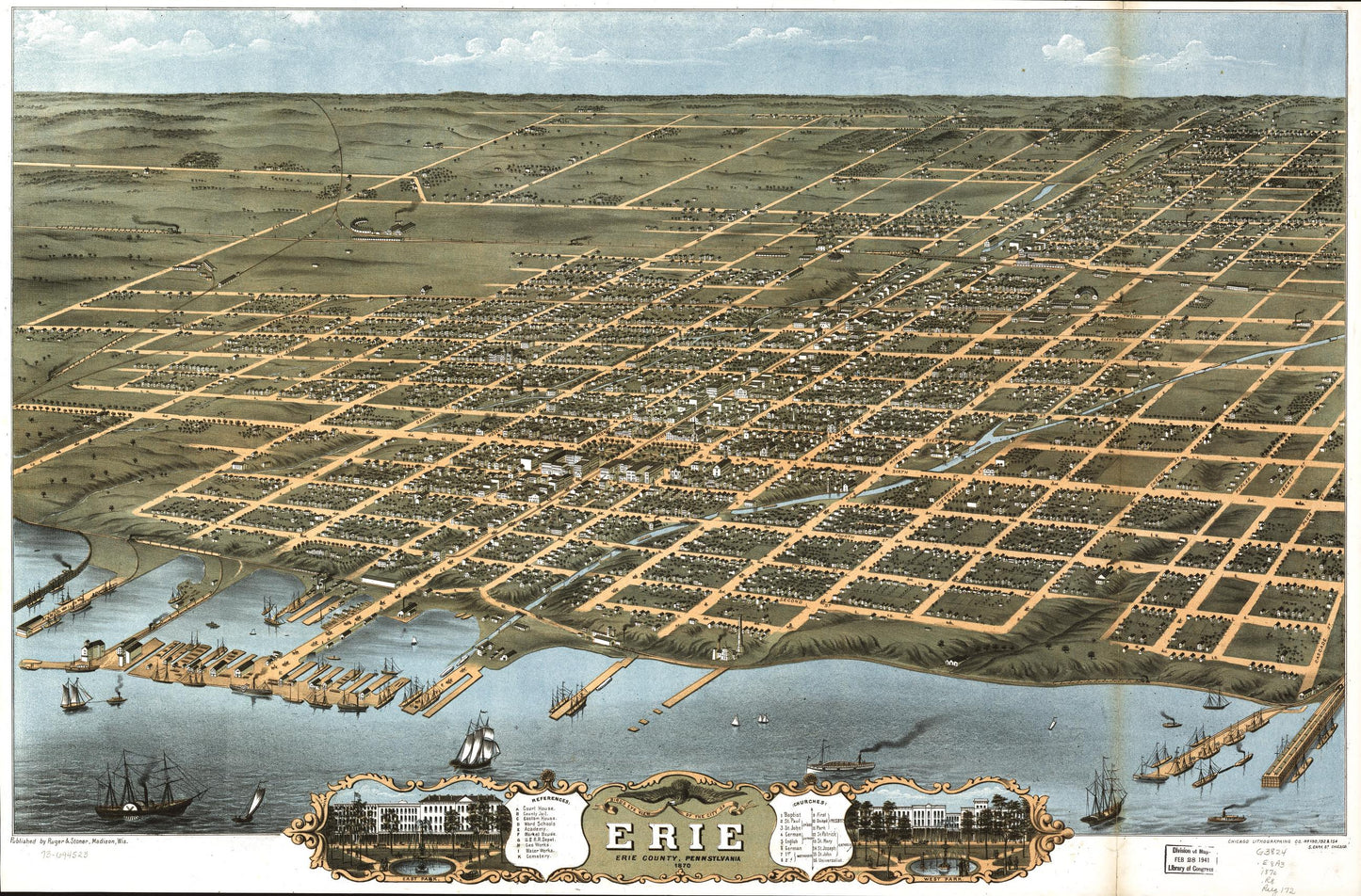 Bird's eye view of the city of Erie, Erie County, Pennsylvania 1870. (1870) – Historic Bird’s-Eye View Panorama Print