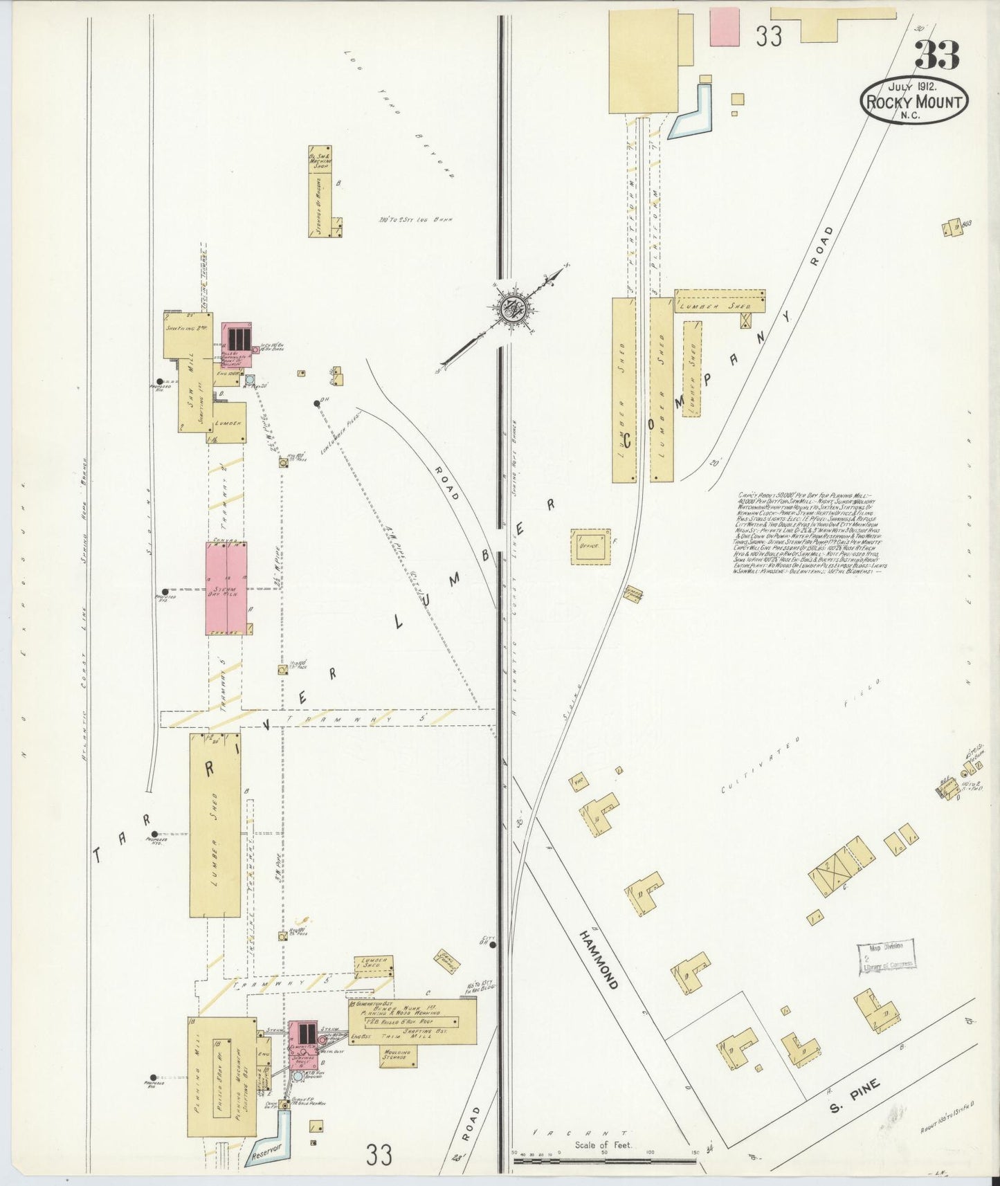 Sanborn Fire Insurance Map from Rocky Mount, Edgecombe And Nash Counties, North Carolina (1912), Sheet #0033 - Historic Sanborn Fire Insurance Map Print, vintage old map wall art, antique decor, genealogy gift, North Carolina North Carolina map