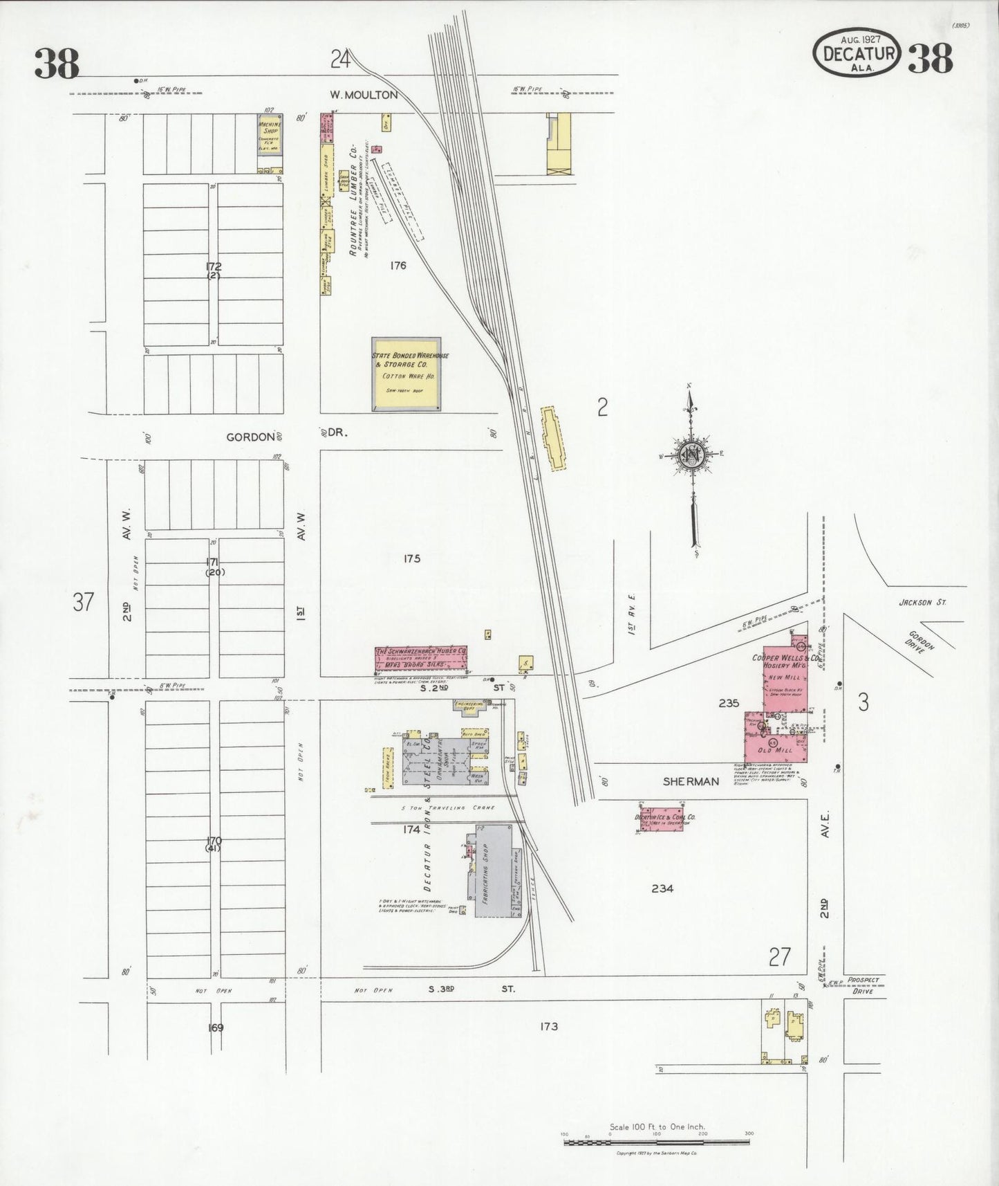 Sanborn Fire Insurance Map from Decatur, Morgan County, Alabama (1927), Sheet #0038 - Historic Sanborn Fire Insurance Map Print, vintage old map wall art, antique decor, genealogy gift, Alabama Alabama map