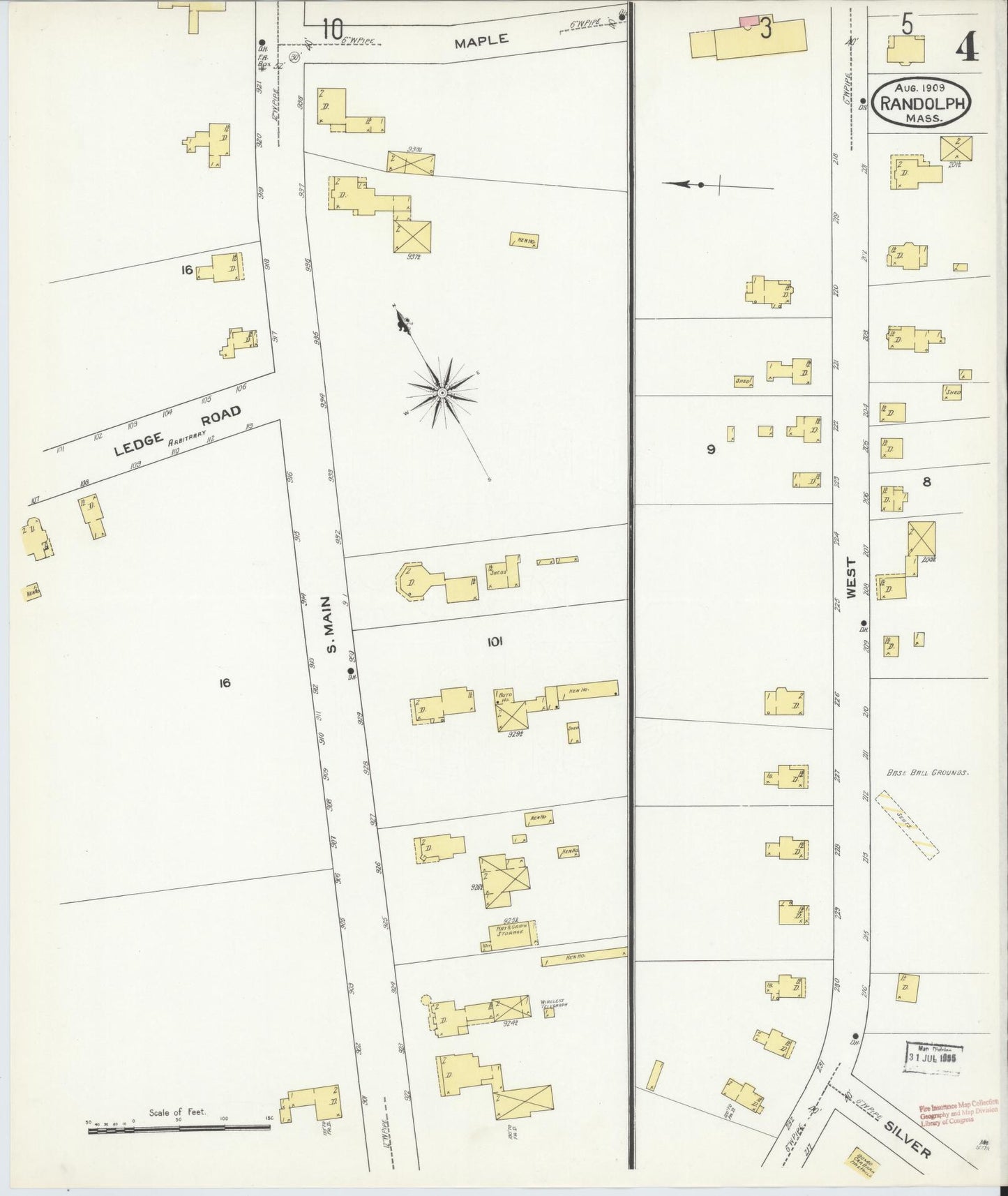 Sanborn Fire Insurance Map from Randolph, Norfolk County, Massachusetts (1909), Sheet #0004 - Historic Sanborn Fire Insurance Map Print, vintage old map wall art, antique decor, genealogy gift, Massachusetts Massachusetts map