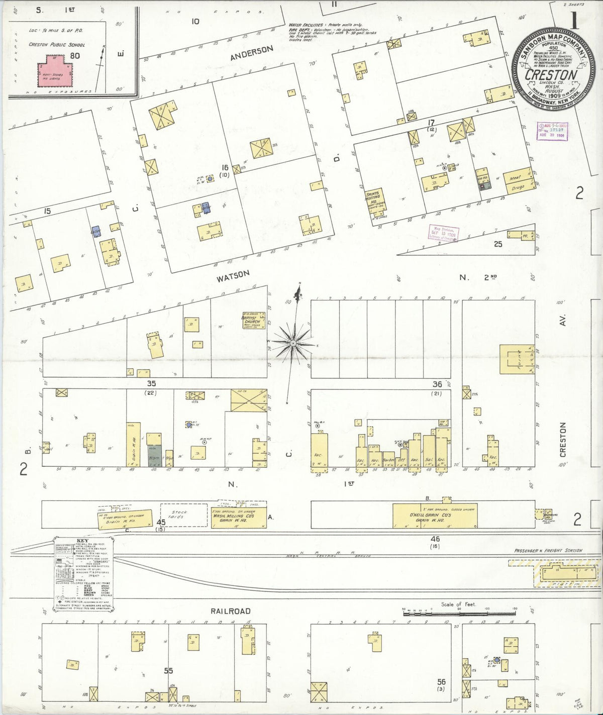Sanborn Fire Insurance Map from Creston, Lincoln County, Washington (1909), Sheet #0001 - Historic Sanborn Fire Insurance Map Print, vintage old map wall art, antique decor, genealogy gift, Washington Washington map