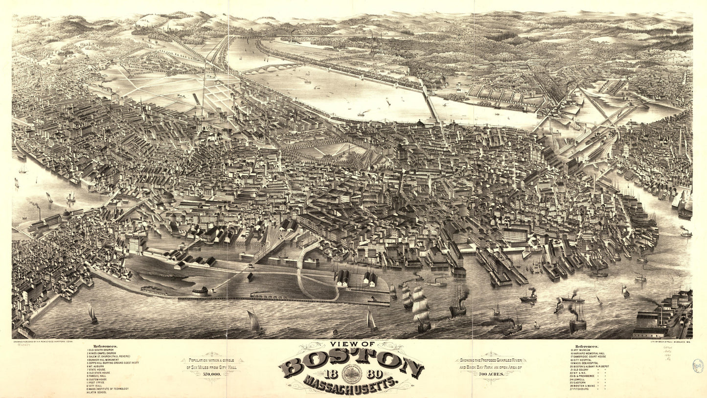 View of Boston, Massachusetts 1880. (1880) – Historic Bird’s-Eye View Panorama Print