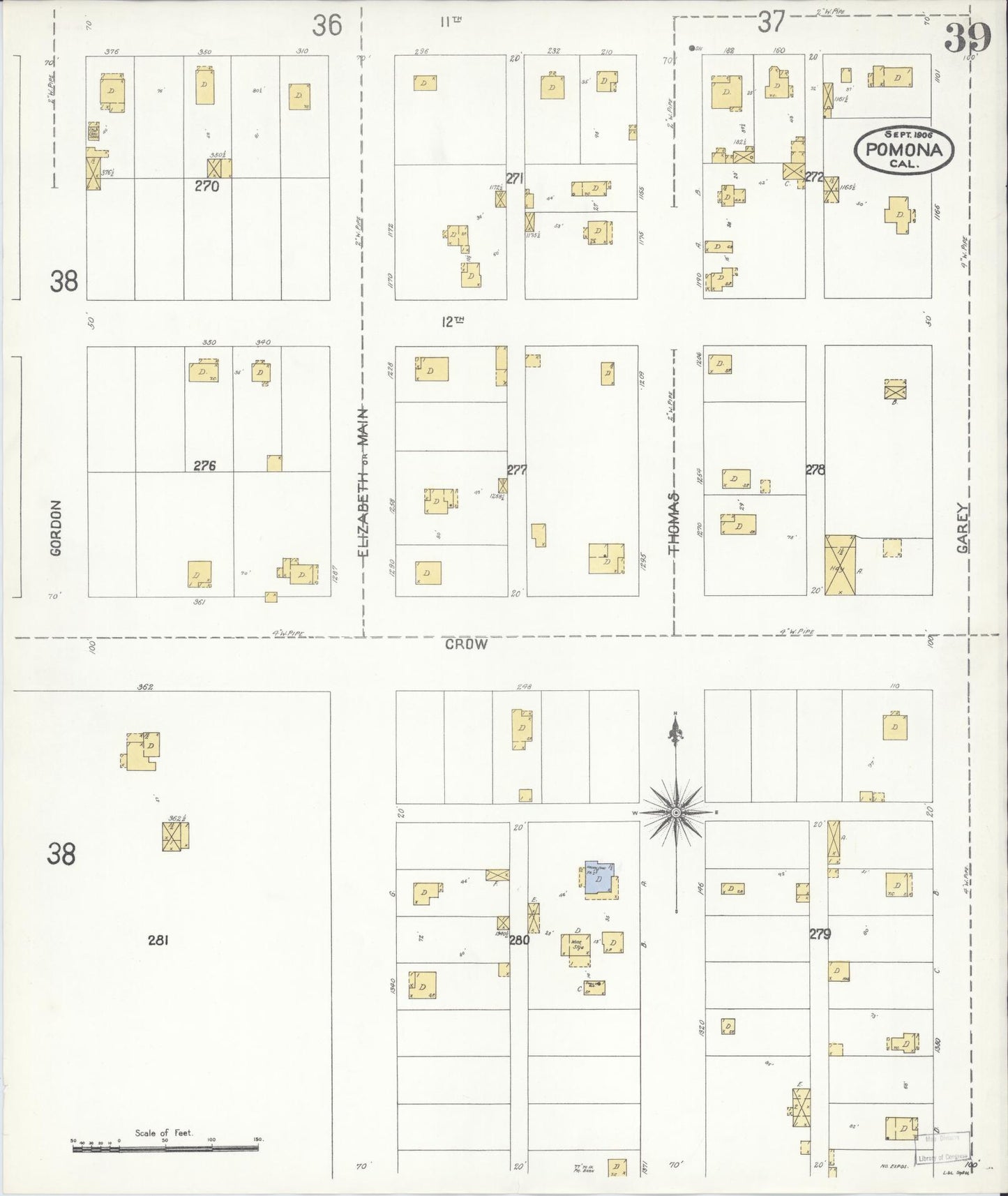Sanborn Fire Insurance Map from Pomona, Los Angeles County, California (1906), Sheet #0039 - Complete Map Set gallery image, historic Sanborn map, vintage wall art, California California