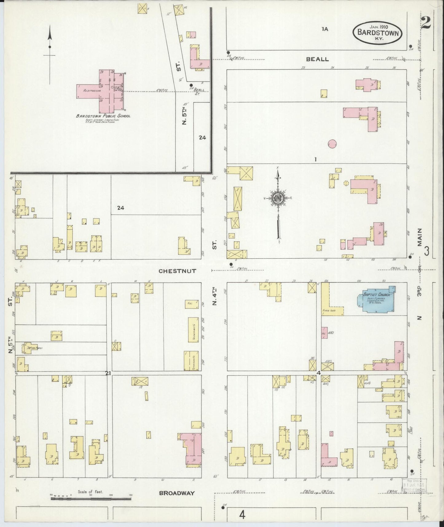 Sanborn Fire Insurance Map from Bardstown, Nelson County, Kentucky (1910), Sheet #0002 - Historic Sanborn Fire Insurance Map Print, vintage old map wall art, antique decor, genealogy gift, Kentucky Kentucky map