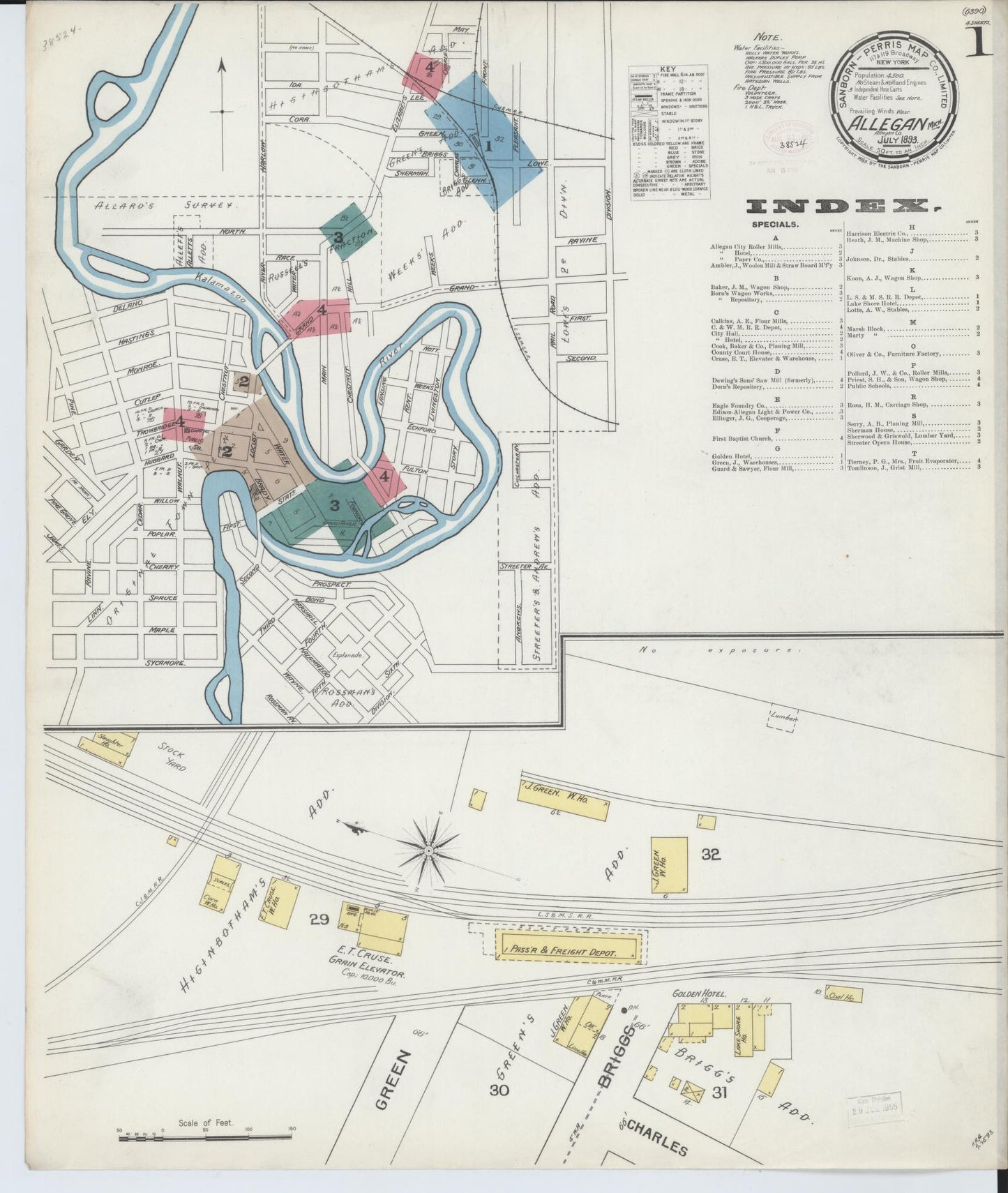 Sanborn Fire Insurance Map from Allegan, Allegan County, Michigan (1893), Sheet #0001 - Historic Sanborn Fire Insurance Map Print, vintage old map wall art, antique decor, genealogy gift, Michigan Michigan map