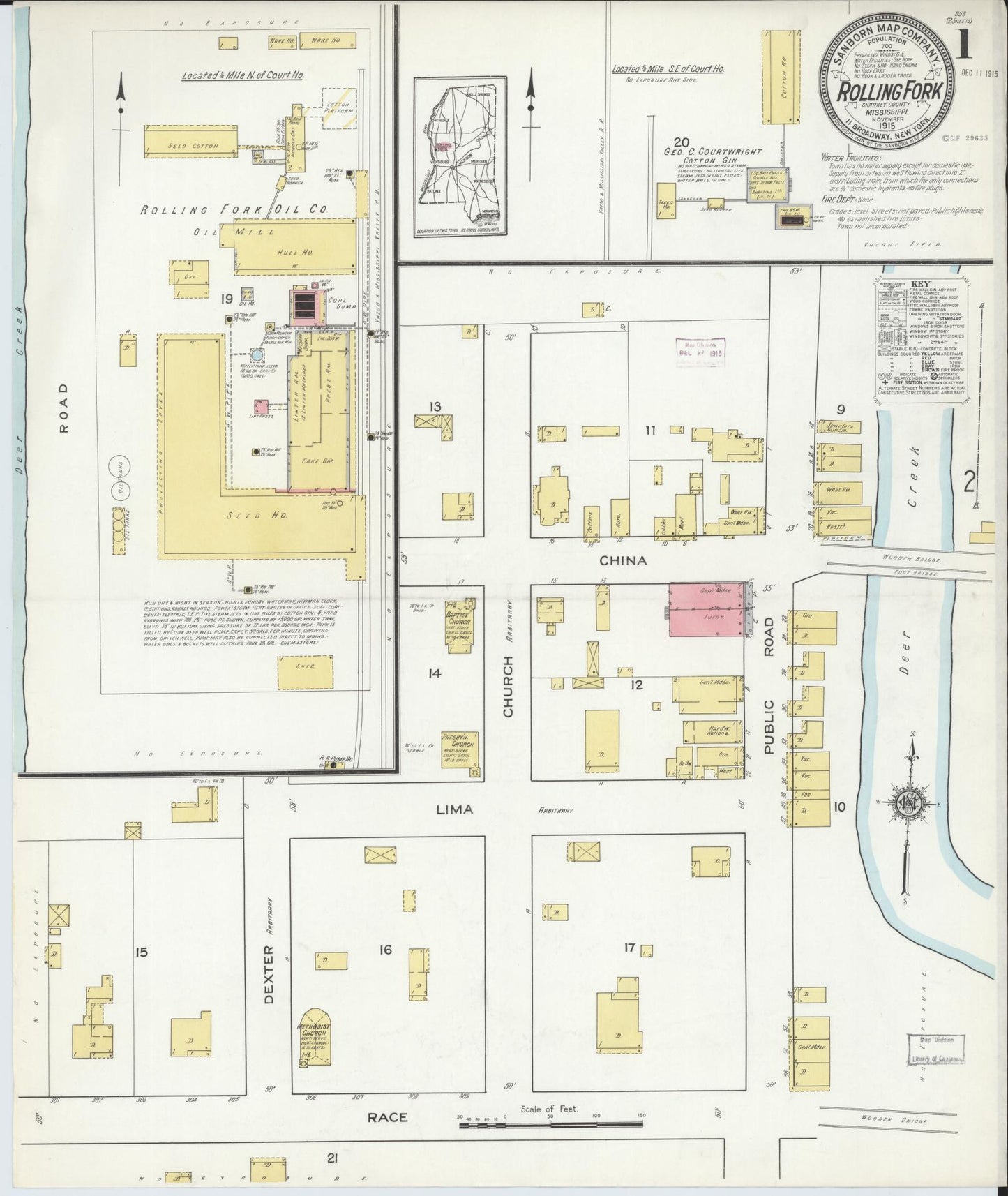 Sanborn Fire Insurance Map from Rolling Fork, Sharkey County, Mississippi (1915), Sheet #0001 - Historic Sanborn Fire Insurance Map Print, vintage old map wall art, antique decor, genealogy gift, Mississippi Mississippi map