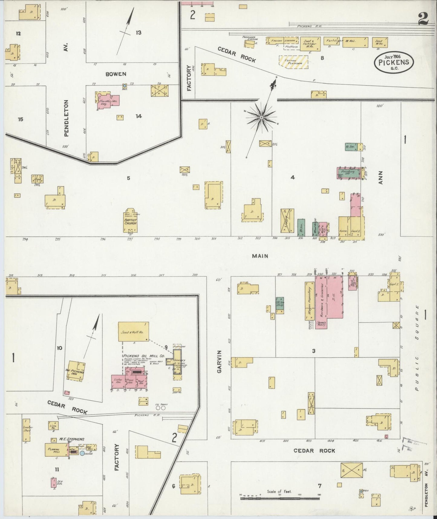 Sanborn Fire Insurance Map from Pickens, Pickens County, South Carolina (1906), Sheet #0002 - Historic Sanborn Fire Insurance Map Print, vintage old map wall art, antique decor, genealogy gift, South Carolina South Carolina map