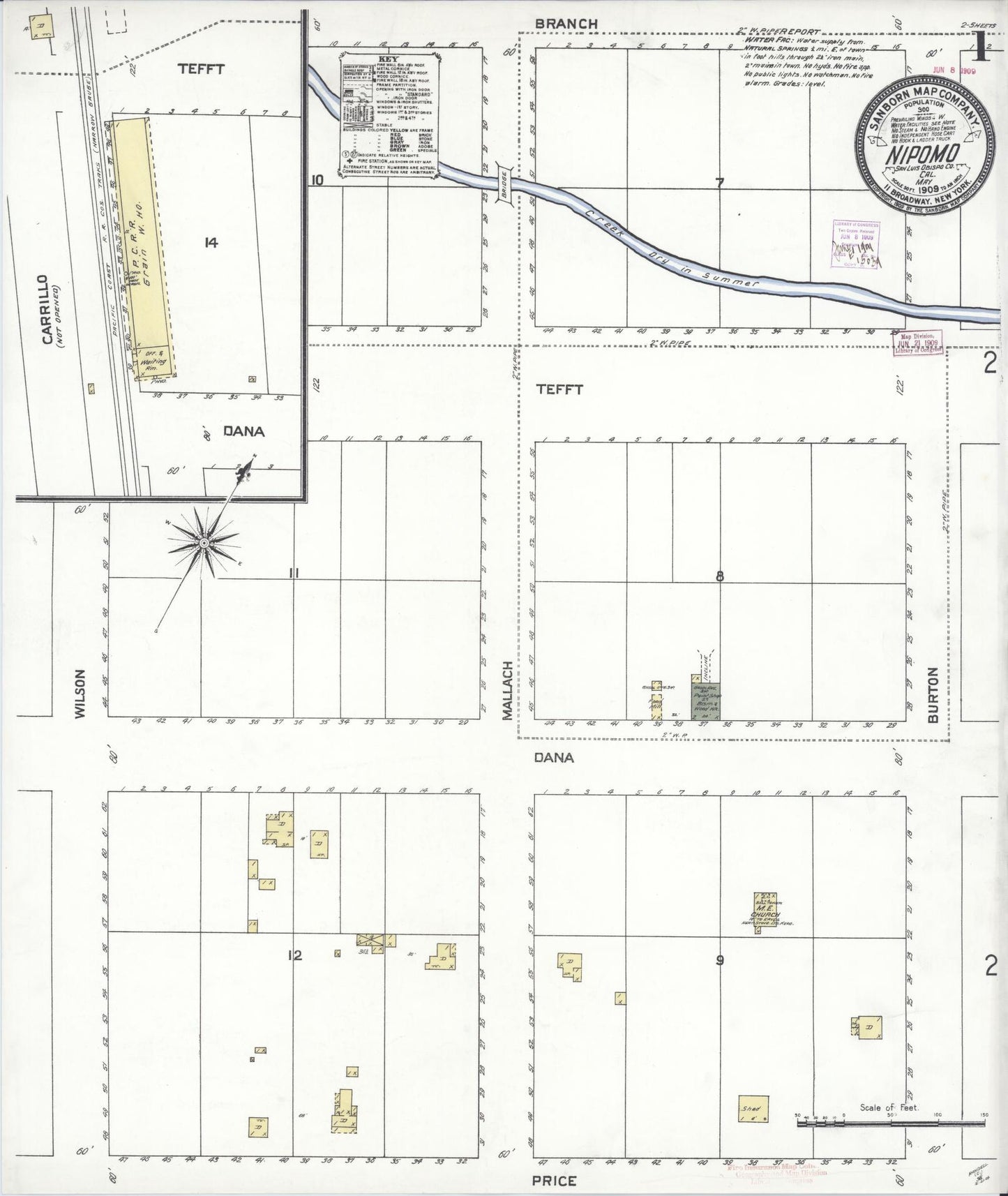 Sanborn Fire Insurance Map from Nipomo, San Luis Obispo County, California (1909), Sheet #0001 - Historic Sanborn Fire Insurance Map Print, vintage old map wall art, antique decor, genealogy gift, California California map