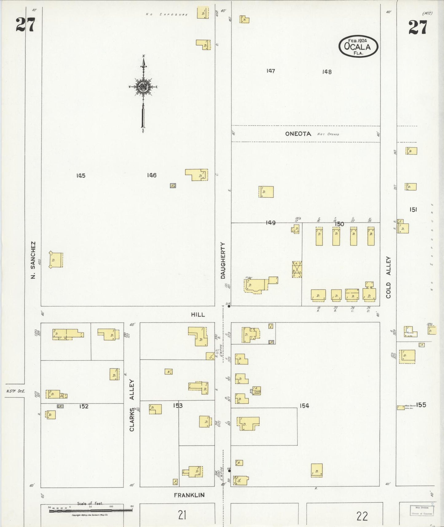 Sanborn Fire Insurance Map from Ocala, Marion County, Florida (1924), Sheet #0027 - Historic Sanborn Fire Insurance Map Print, vintage old map wall art, antique decor, genealogy gift, Florida Florida map