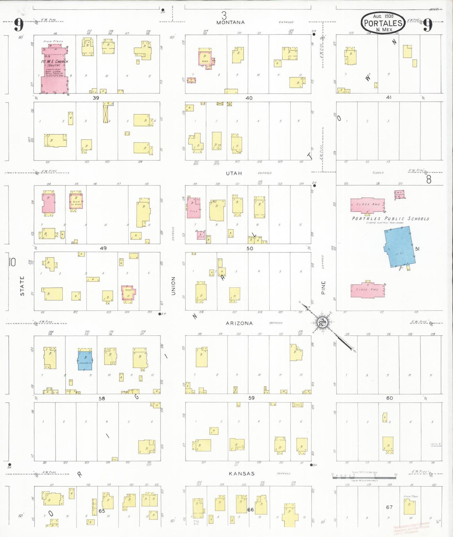 Sanborn Fire Insurance Map from Portales, Roosevelt County, New Mexico (1930), Sheet #0009 - Historic Sanborn Fire Insurance Map Print, vintage old map wall art, antique decor, genealogy gift, New Mexico New Mexico map