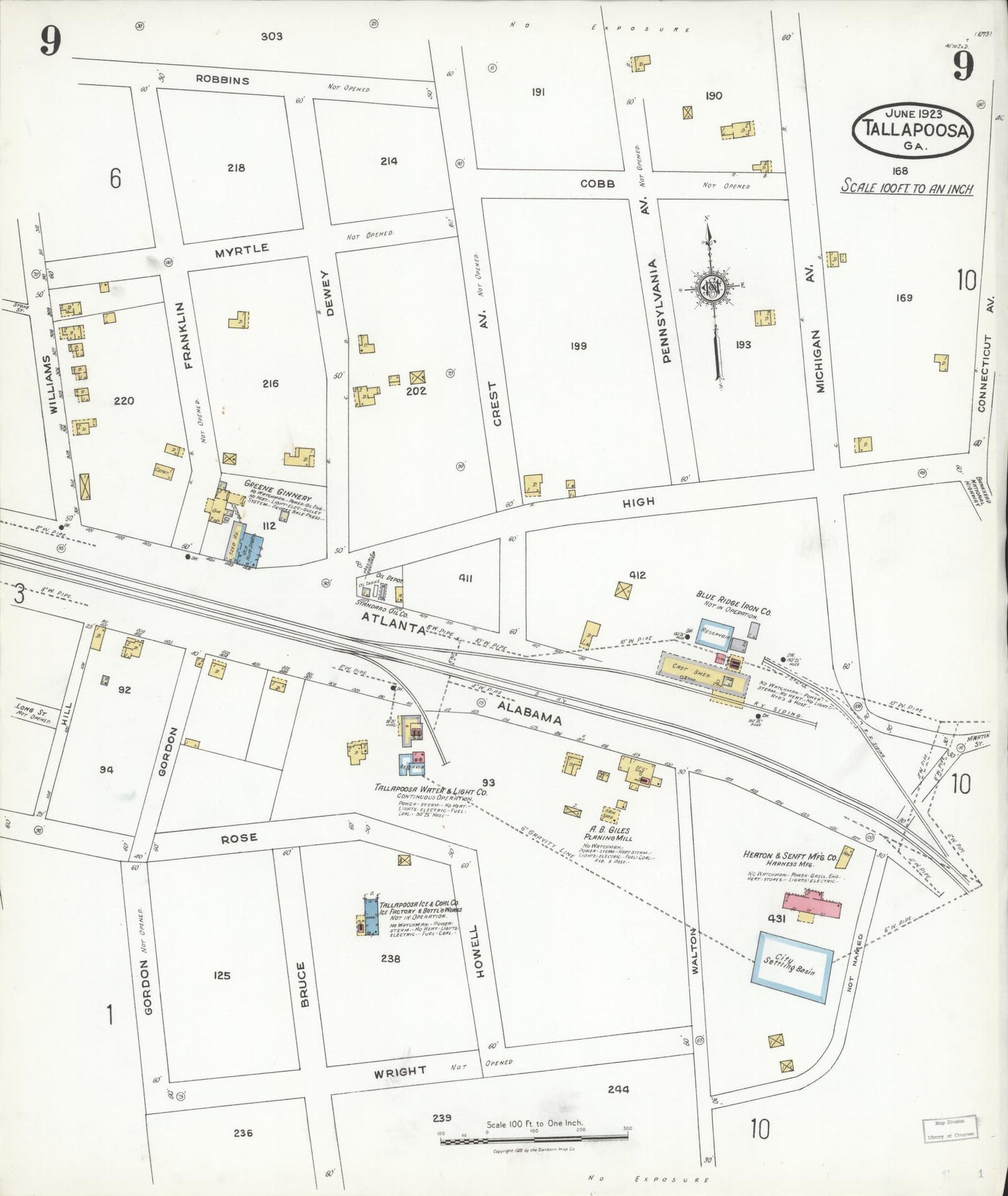 Sanborn Fire Insurance Map from Tallapoosa, Haralson County, Georgia (1923), Sheet #0009 - Historic Sanborn Fire Insurance Map Print, vintage old map wall art, antique decor, genealogy gift, Georgia Georgia map
