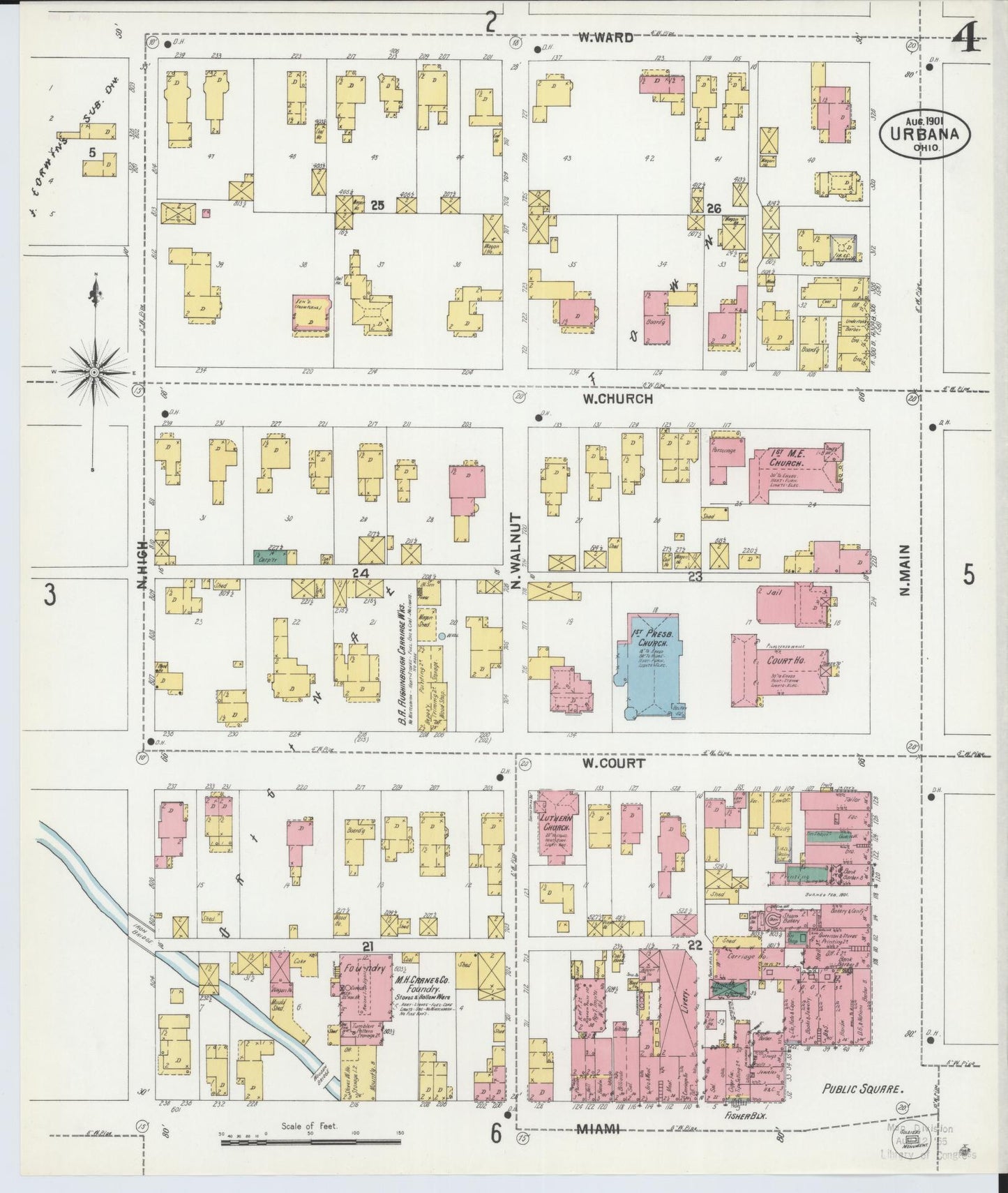 Sanborn Fire Insurance Map from Urbana, Champaign County, Ohio (1901), Sheet #0004 - Historic Sanborn Fire Insurance Map Print, vintage old map wall art, antique decor, genealogy gift, Ohio Ohio map